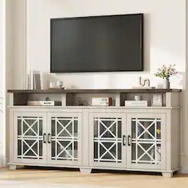 Jojoka - 71" Farmhouse TV Stand for 80 Inch TV, Mid Century Modern Media Console with Glass Doors & Storage - White