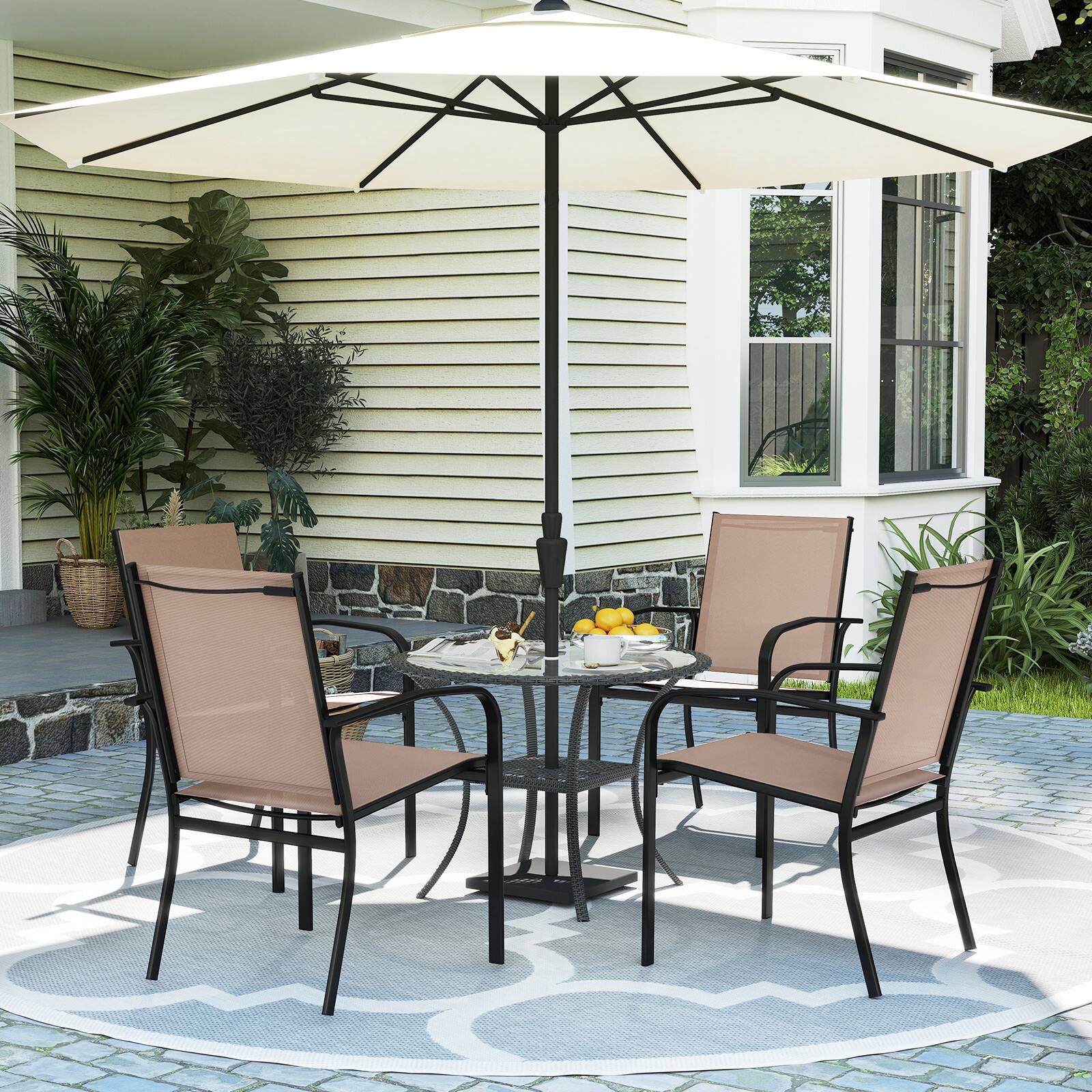 Alt View 1. Gymax - Gymax Outdoor Dining Chairs Set of 4 w/ Breathable Fabric Armrests High Back - Coffee, Black.