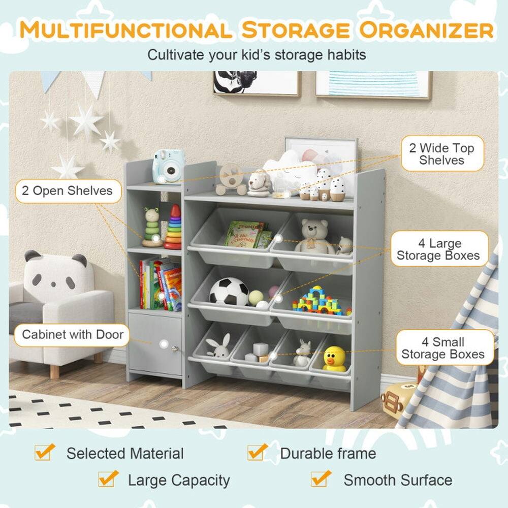 MULTIFUNCTIONAL STORAGE ORGANIZER  
Cultivate your kid's storage habits  

- 2 Wide Top Shelves  
- 2 Open Shelves  
- Cabinet with Door  
- 4 Large Storage Boxes  
- 4 Small Storage Boxes  

Selected Material  
Durable frame  
Large Capacity  
Smooth Surface