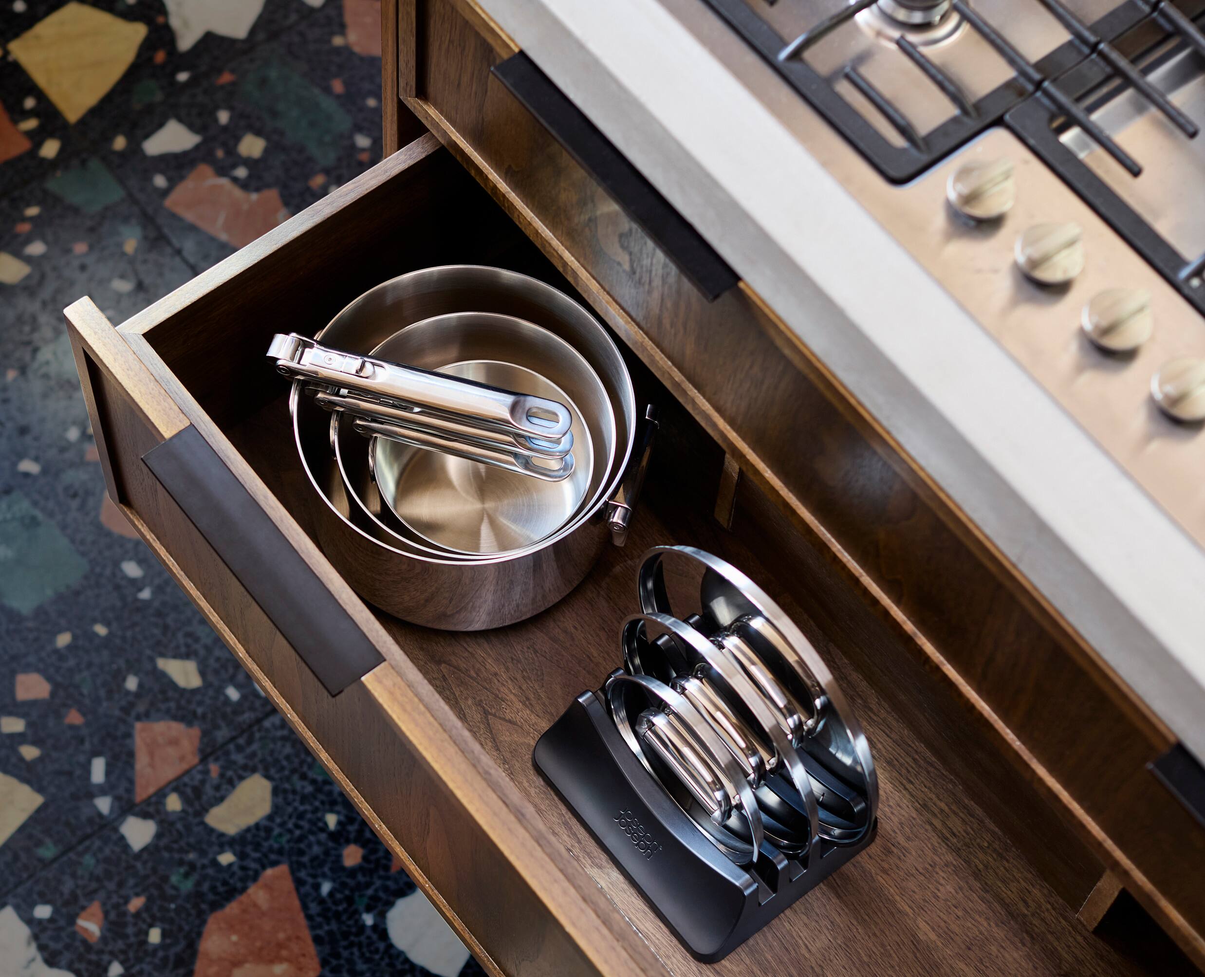 Alt View 4. Joseph Joseph - Space Steel 6-piece Stainless Steel Saucepan Set with Folding Handles - Stainless Steel.