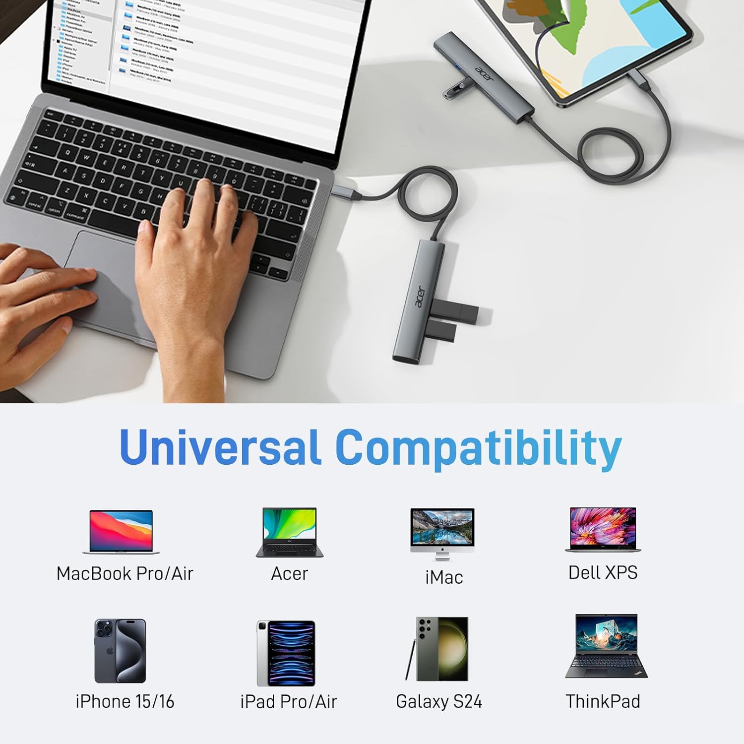 Universal Compatibility

- MacBook Pro/Air
- Acer iMac
- Dell XPS
- iPhone 15/16
- iPad Pro/Air
- Galaxy S24
- ThinkPad