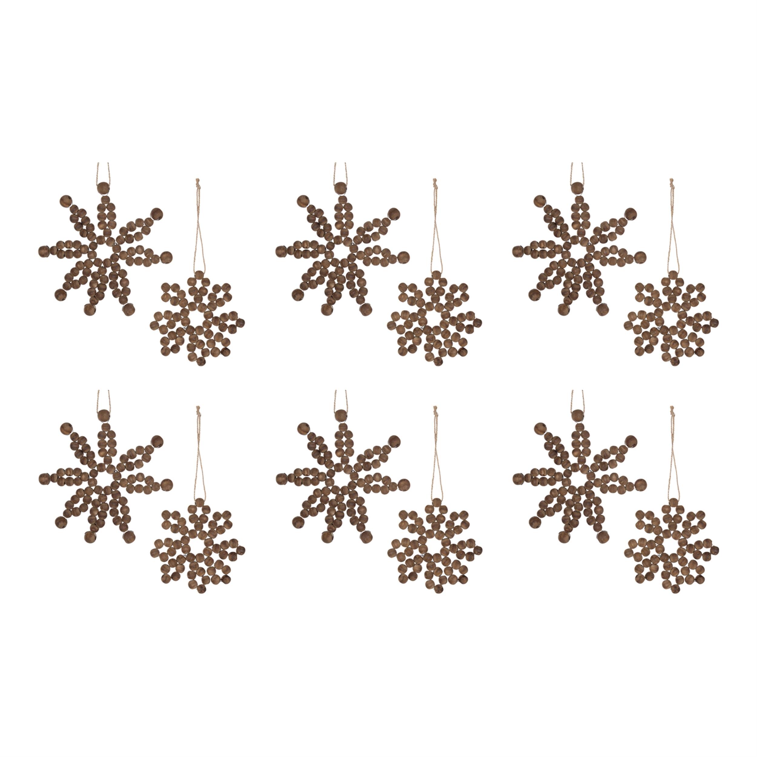 The image shows a collection of snowflake ornaments made from small brown beads. Each snowflake is suspended by a string. The snowflakes vary in size and design, with some being larger and more intricate, while others are smaller and simpler.