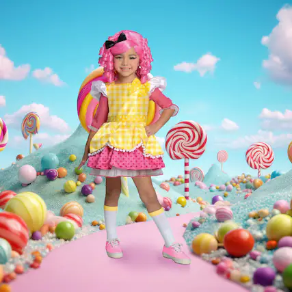 Front. Rubies - Girl's Lalaloopsy Deluxe Crumbs Sugar Cookie Child Halloween Costume - Medium 8-10 - Pink.