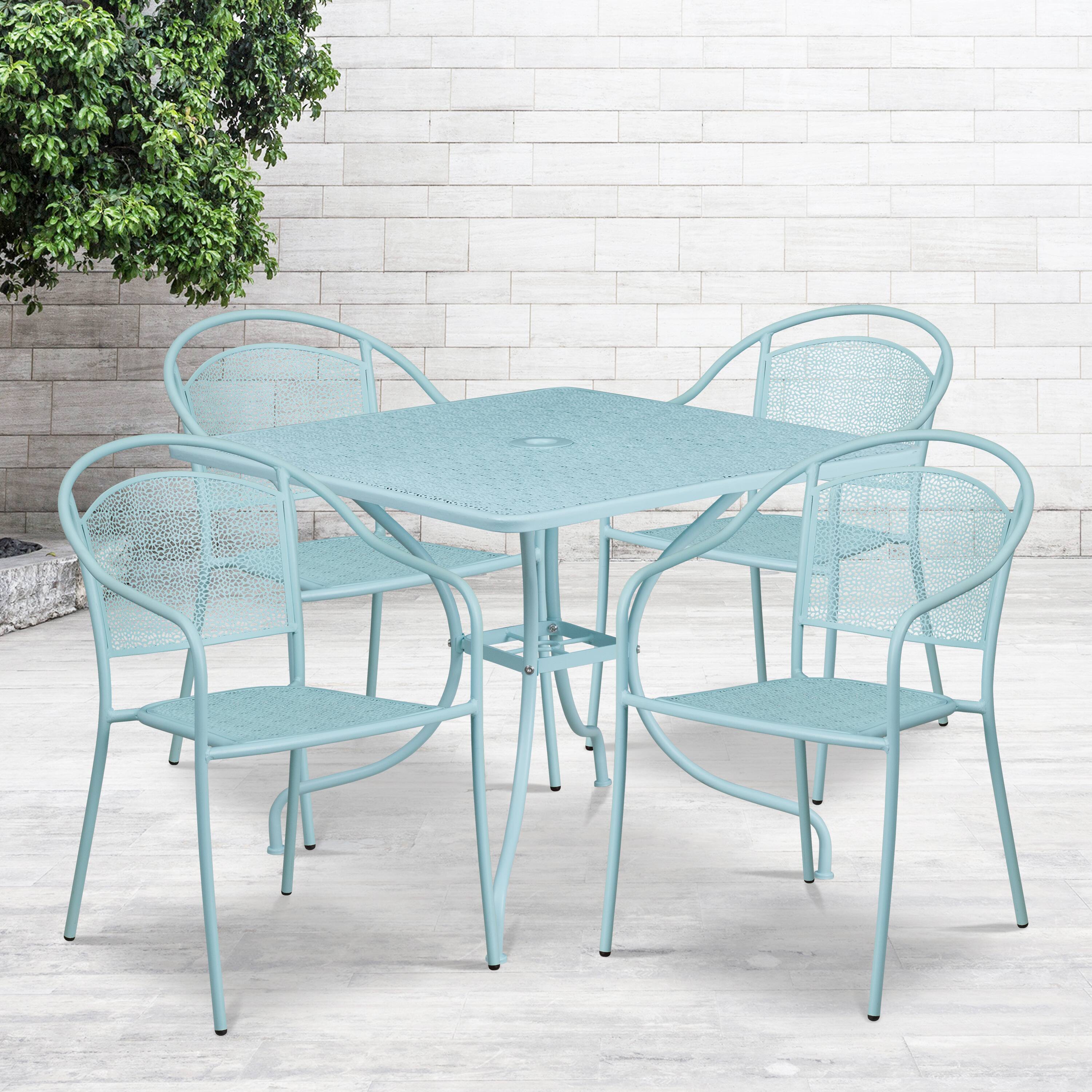 Alt View 1. Emma + Oliver - Commercial 35.5" Square Metal Garden Patio Table Set w/ 4 Round Back Chairs - Sky Blue.