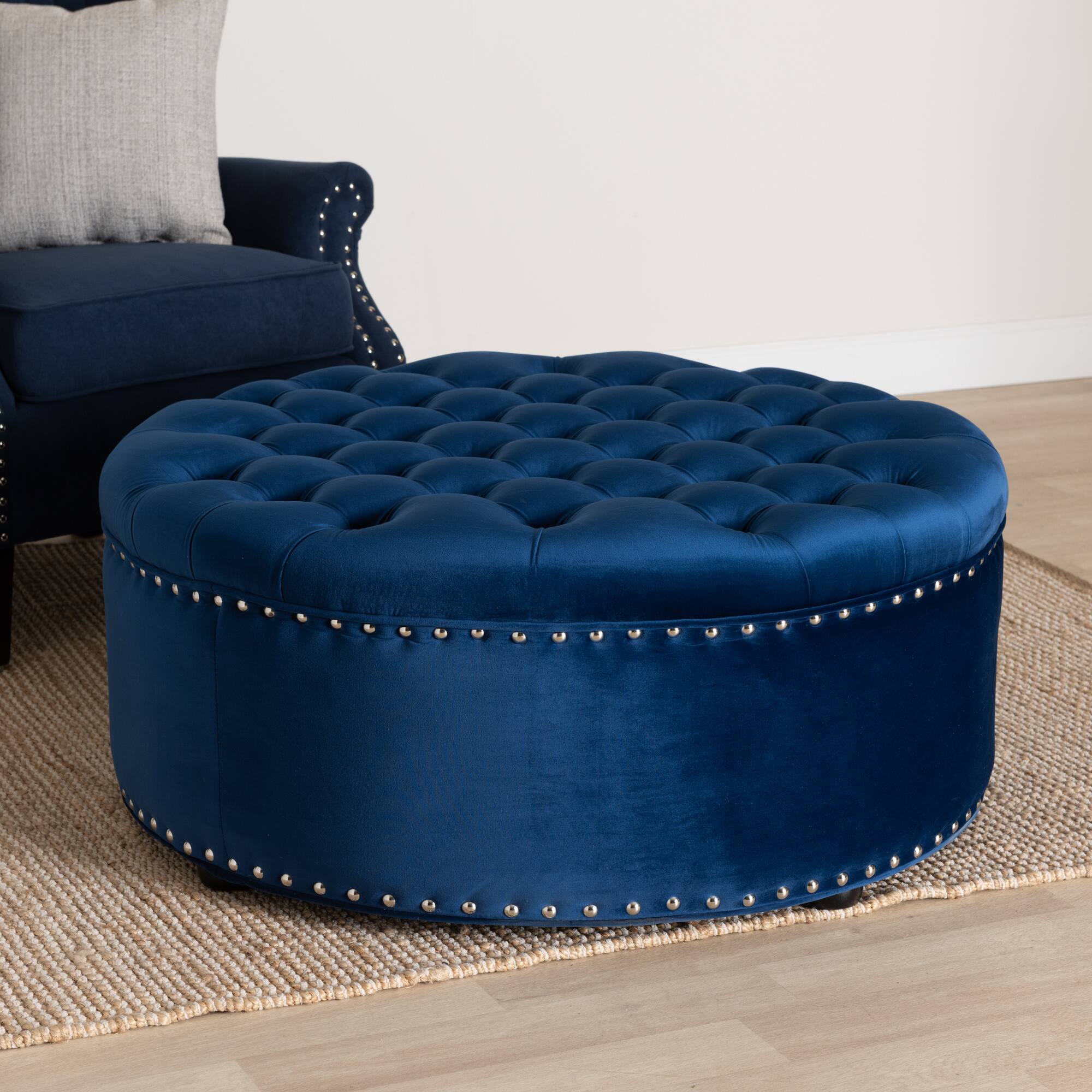 Alt View 1. Baxton Studio - Iglehart Modern and Contemporary Velvet Fabric Upholstered Tufted Cocktail Ottoman - Royal Blue.