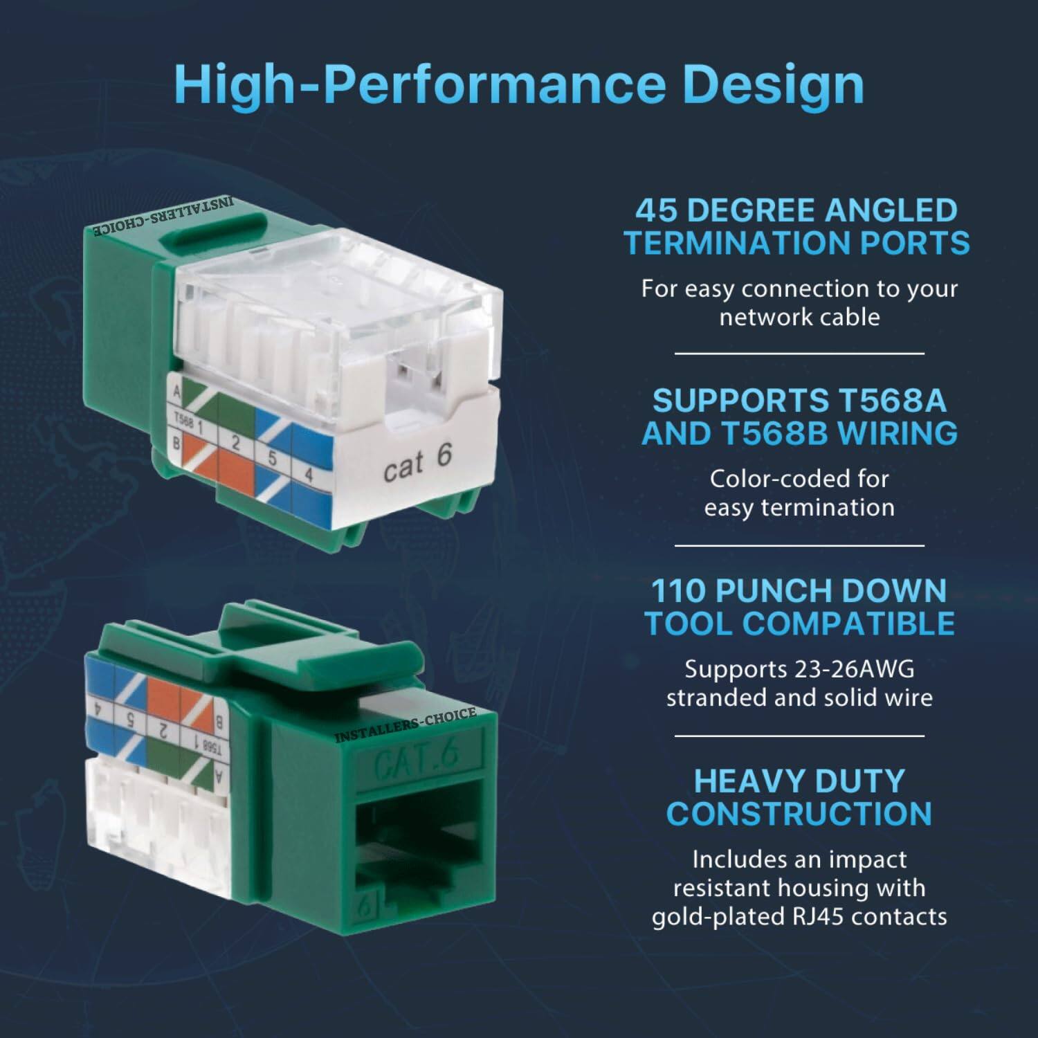 High-Performance Design

- 45 Degree Angled Termination Ports
  - For easy connection to your network cable

- Supports T568A and T568B Wiring
  - Color-coded for easy termination

- 110 Punch Down Tool Compatible
  - Supports 23-26AWG stranded and solid wire

- Heavy Duty Construction
  - Includes an impact resistant housing with gold-plated RJ45 contacts