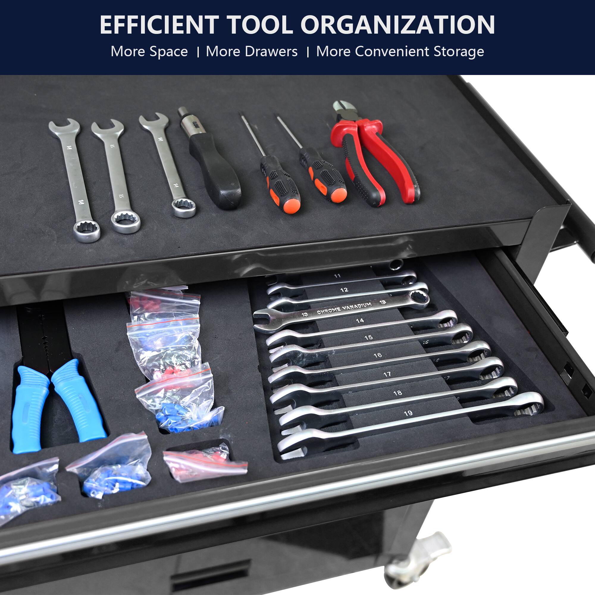 EFFICIENT TOOL ORGANIZATION  
More Space | More Drawers | More Convenient Storage  

CHROME VANADIUM  
11 12 13 14 15 16 17 18 19