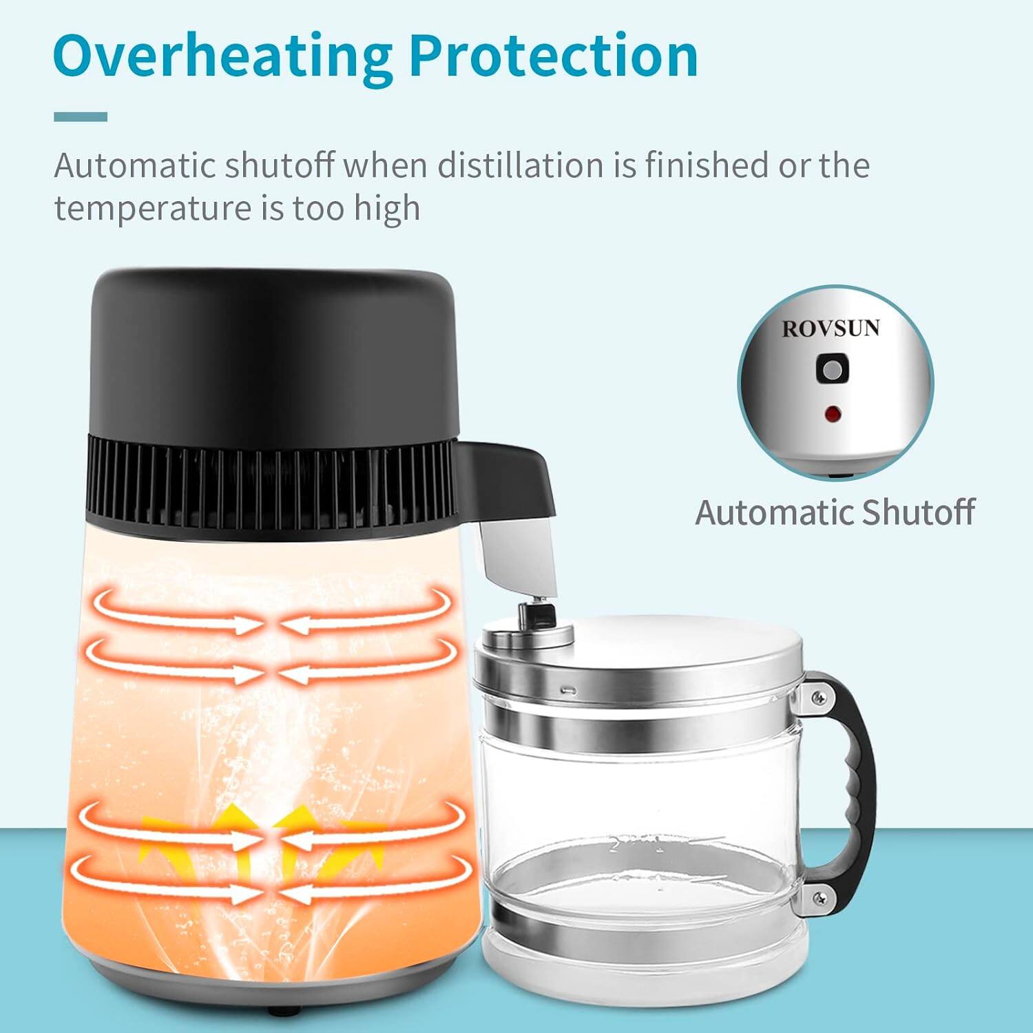 Overheating Protection  
Automatic shutoff when distillation is finished or the temperature is too high  

ROVSUN  
Automatic Shutoff
