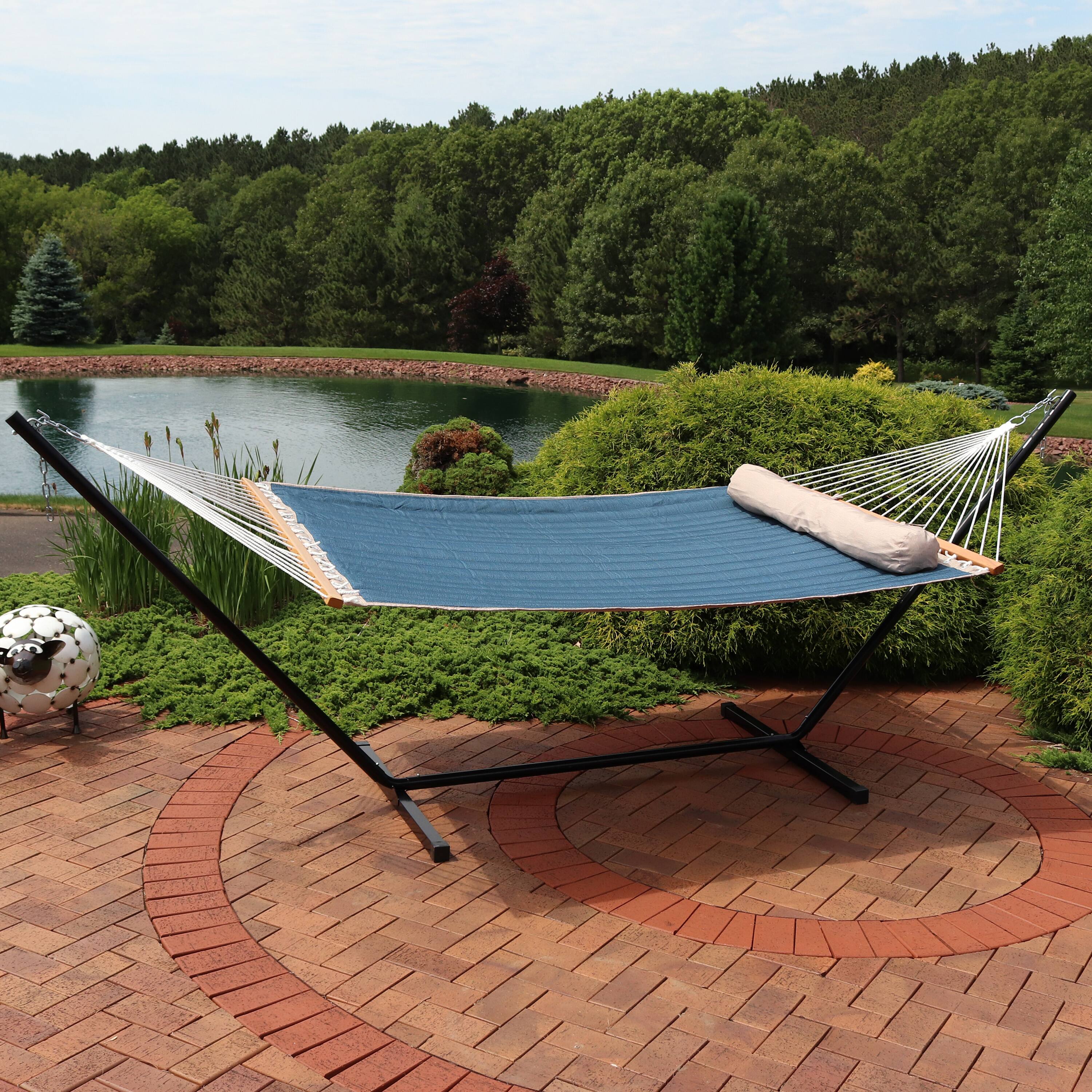 Alt View 3. Sunnydaze - 2-Person Quilted Fabric Hammock with Steel Stand - Blue.