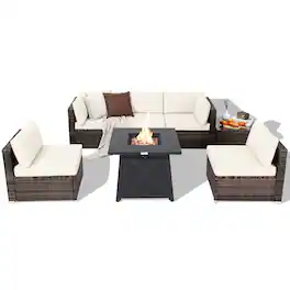 Costway - 7PCS Patio Rattan Furniture Set Fire Pit Table Cover Cushion - Off White