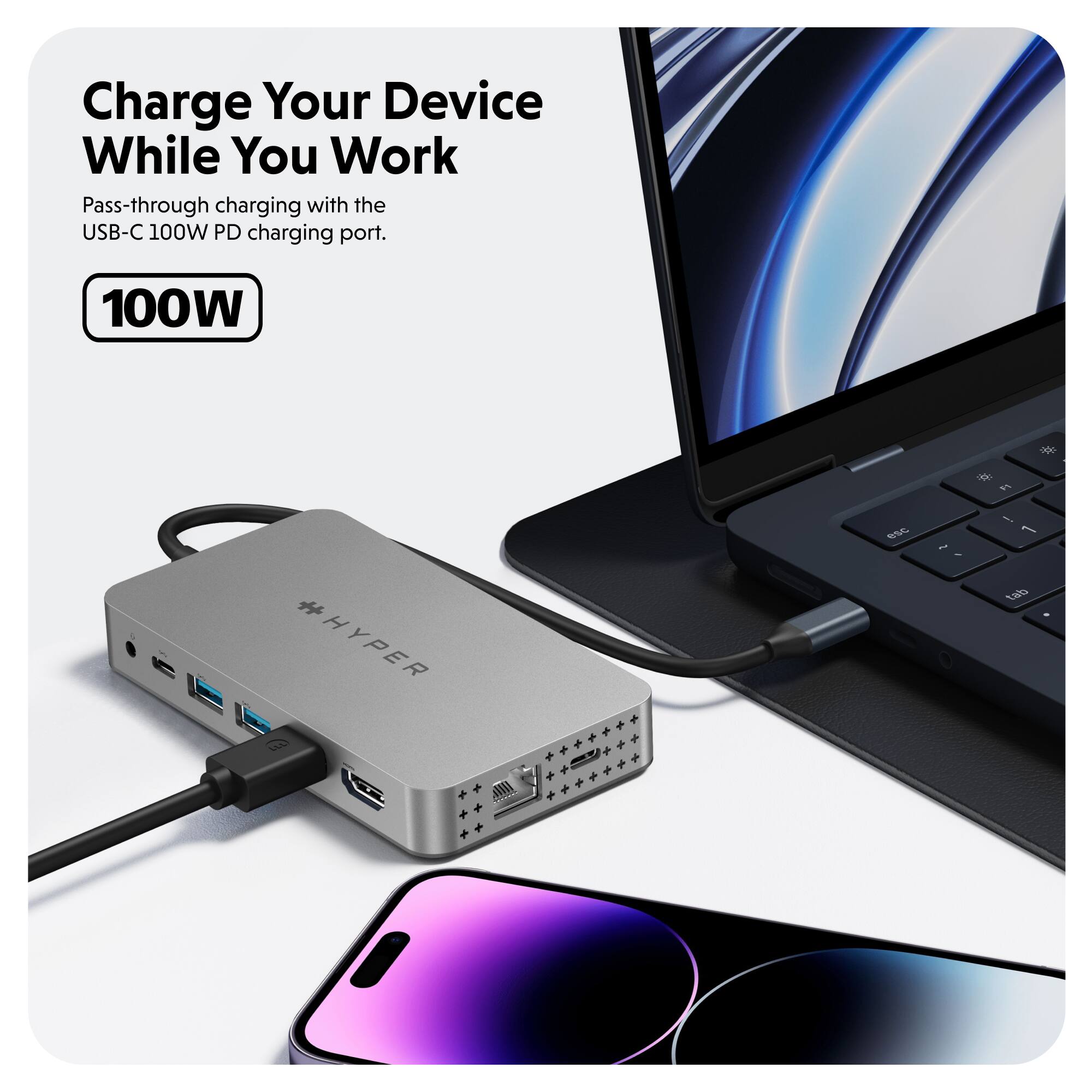 Charge Your Device While You Work. Pass-through charging with the USB-C 100W PD charging port.
