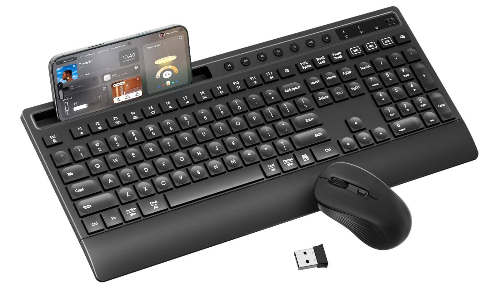 Sure, here is the corrected and grouped text from the image:

---

**Keyboard Layout:**

- Esc
- F1 F2 F3 F4 F5 F6 F7 F8 F9 F10 F11 F12
- 1 2 3 4 5 6 7 8 9 0 - = Backspace
- Tab Q W E R T Y U I O P [ ] \
- Caps A S D F G H J K L ; ' Enter
- Shift Z X C V B N M , . / Shift
- Fn Ctrl Option Win Alt Spacebar Option Win Alt
- Ctrl Fn

**Additional Keys:**

- Pause Break
- Insert Home 4 5 6 7 8 9 0 - + Delete
- PgUp Home PgDn End
- NumLk 7 8 9 + 4 5 6 - 1 2 3 Enter
- SysRq Scroll Lock

**Mouse:**

- (No visible text)

**USB Receiver:**

- (No visible text)

**Smart Light App:**

- Creepin
- 10:48
- 87°F
-