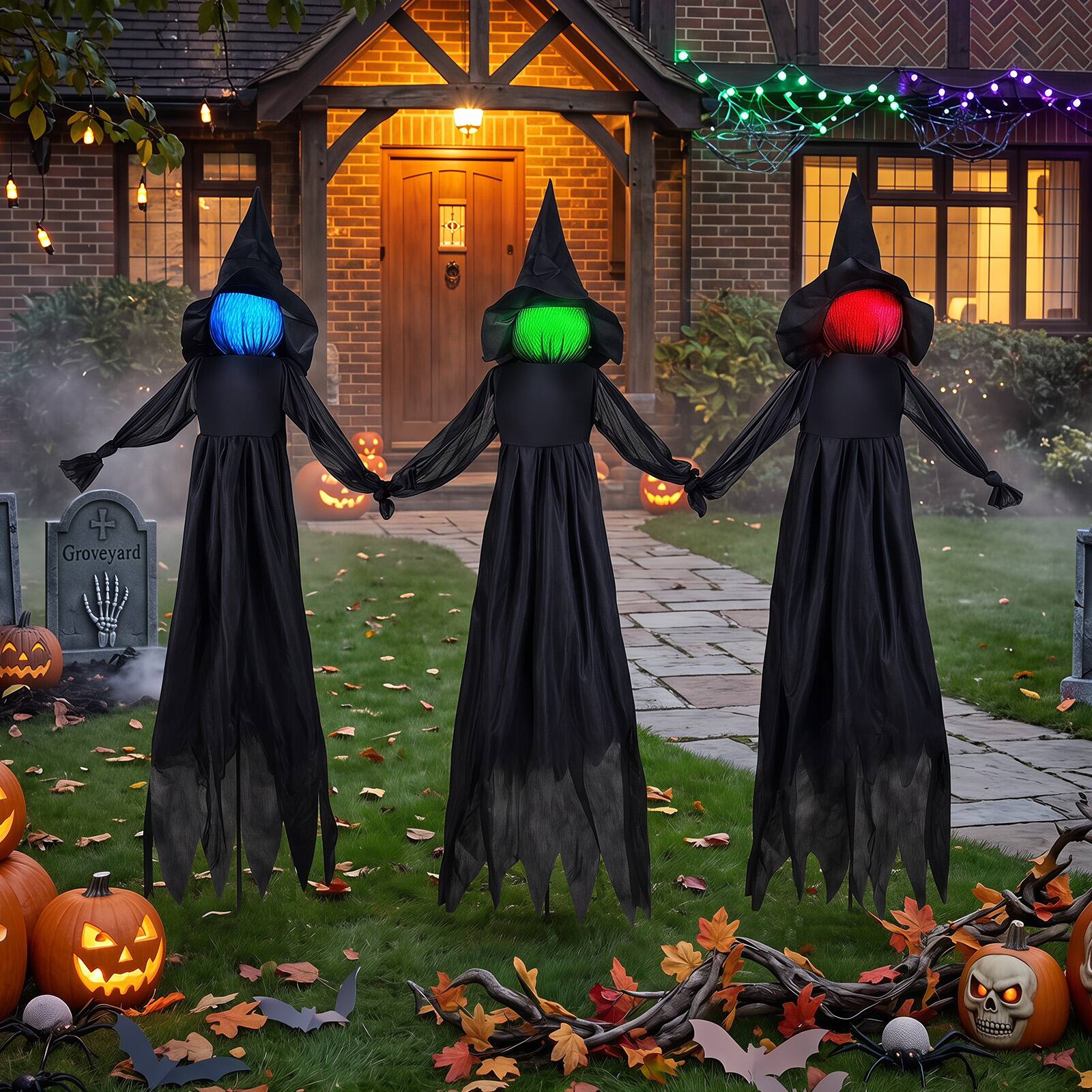 Alt View 4. Costway - Costway 4.3 FT Light Up Witch Stakes Set of 3 Spooky Halloween Display Set for Graveyard - Black.