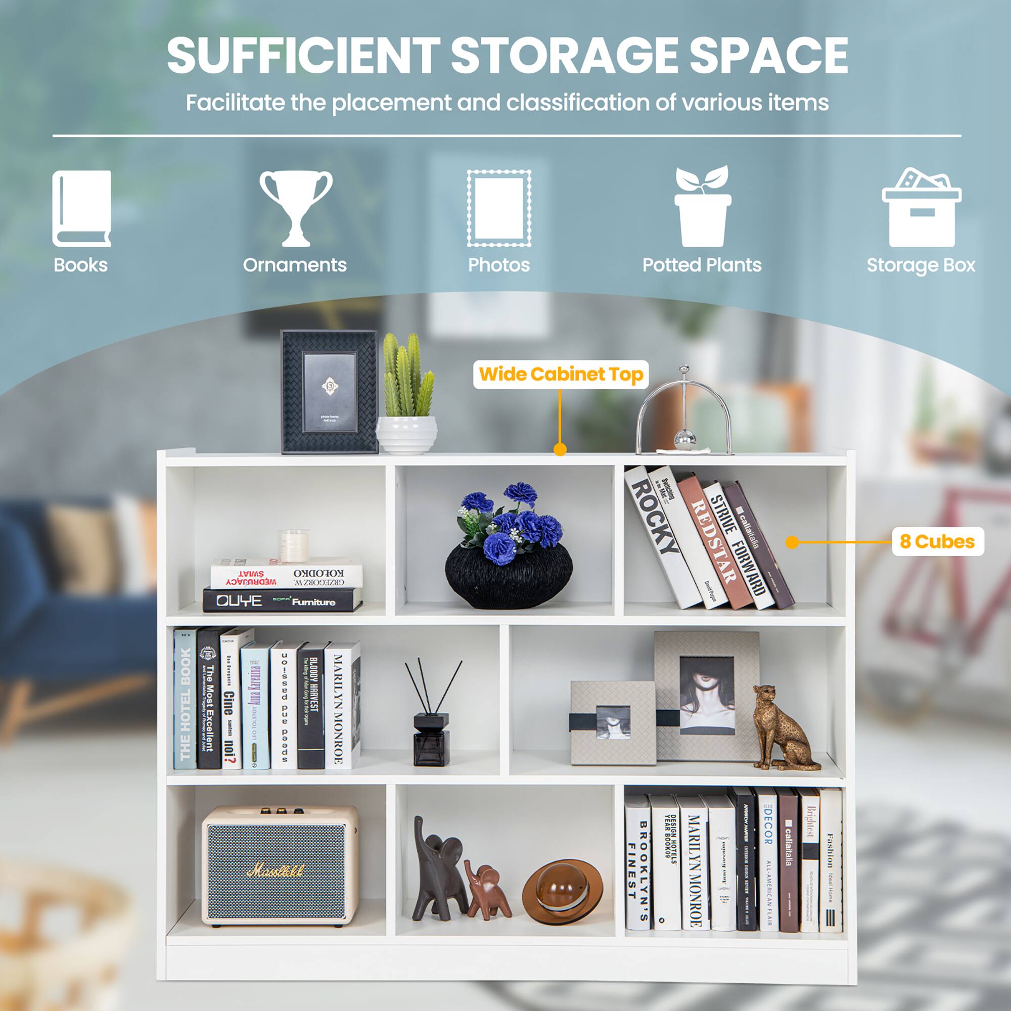 SUFFICIENT STORAGE SPACE Facilitate the placement and classification of various items Books Ornaments Photos Potted Plants Storage Box Wide Cabinet Top BOOK HOTEL THE - Te iVERS N WEDFUJACY W/O7DE OUYE - Fatuao - The i UOIOEUO ELSGOY MARILYN Most Cime 20 Excellent .... MONROE noi? Masstokl I ROCKY STRIVE calaial REDSTAR FORWARD - = DECOR : MARILYN I FINEST BROOKLYN'S I MONROE calatala Sdididas Fasbion 8 Cubes