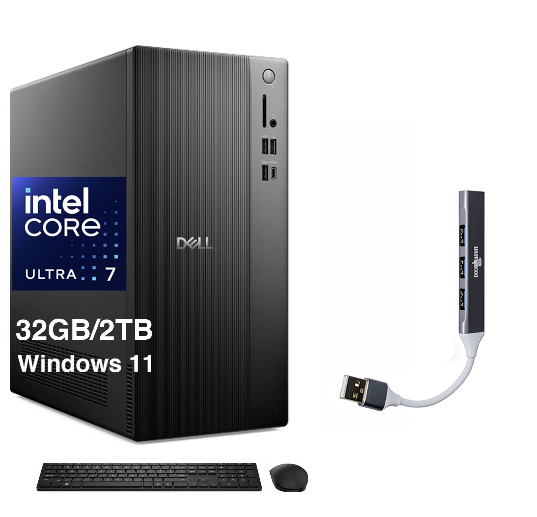 Dell - Upgraded - Tower ECT1250 Desktop (Ultra 7-265, 32GB, 2TB SSD, Intel UHD, WiFi 6, Bluetooth 5.4, Win 11 Pro) w/USB Hub - Black
