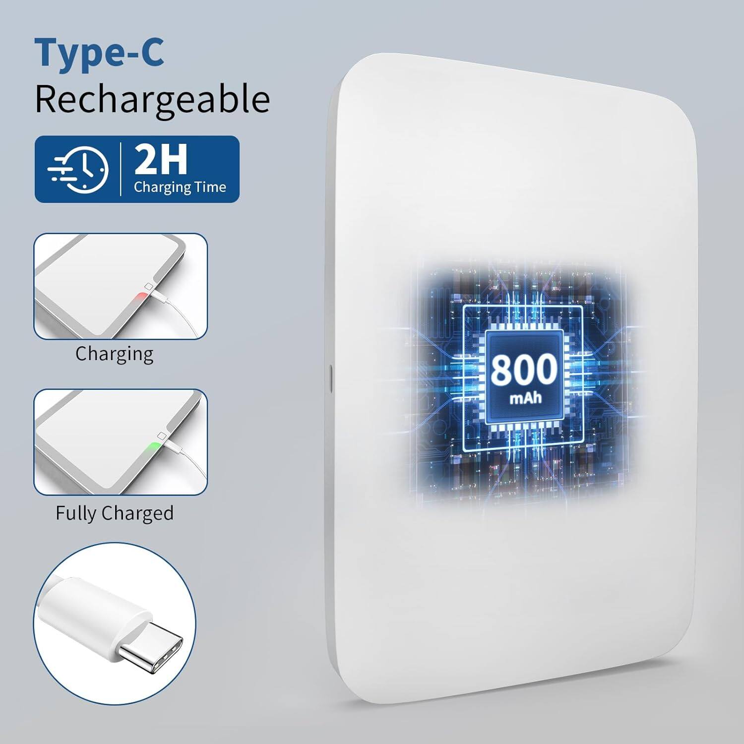 Type-C Rechargeable

2H Charging Time

800 mAh

Charging

Fully Charged
