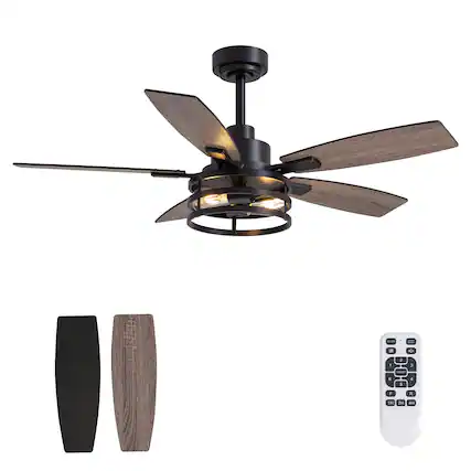 Front. Siljoy - 46 In Black Ceiling Fan with Lights and Remote Farmhouse Cage Ceiling Fan for Patio Bedroom and Living room - Black.