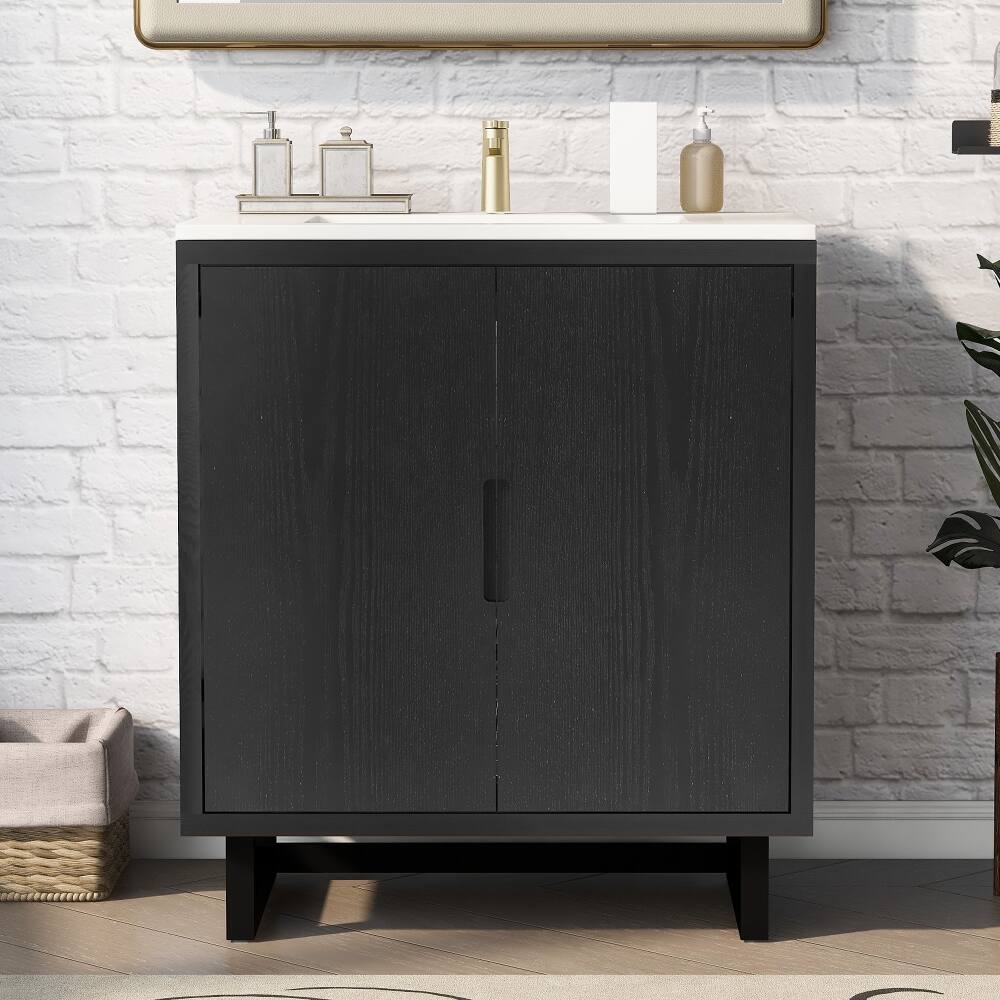 Front. Loheer - Loheer 30 inch black bathroom vanity with sink Freestanding Cabinet Solid Wood Legs - Black.