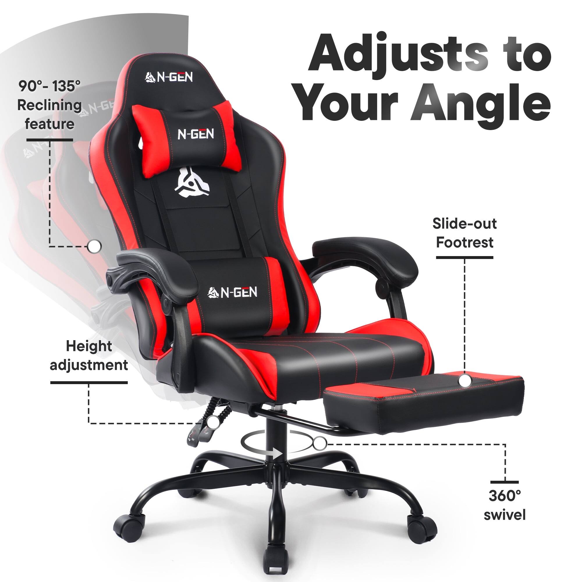 N-GEN 90-135° Reclining Feature  
N-GEN SNX Adjusts to Your Angle  
Slide-out Footrest  
N-GEN Height Adjustment  
360° Swivel