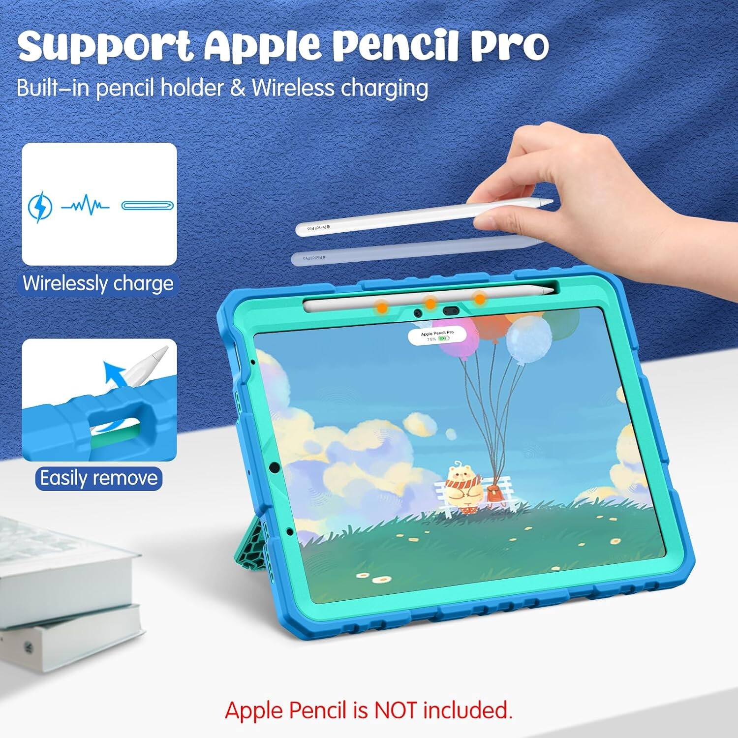 Support Apple Pencil Pro  
Built-in pencil holder & Wireless charging

Wirelessly charge

Easily remove

Apple Pencil is NOT included.
