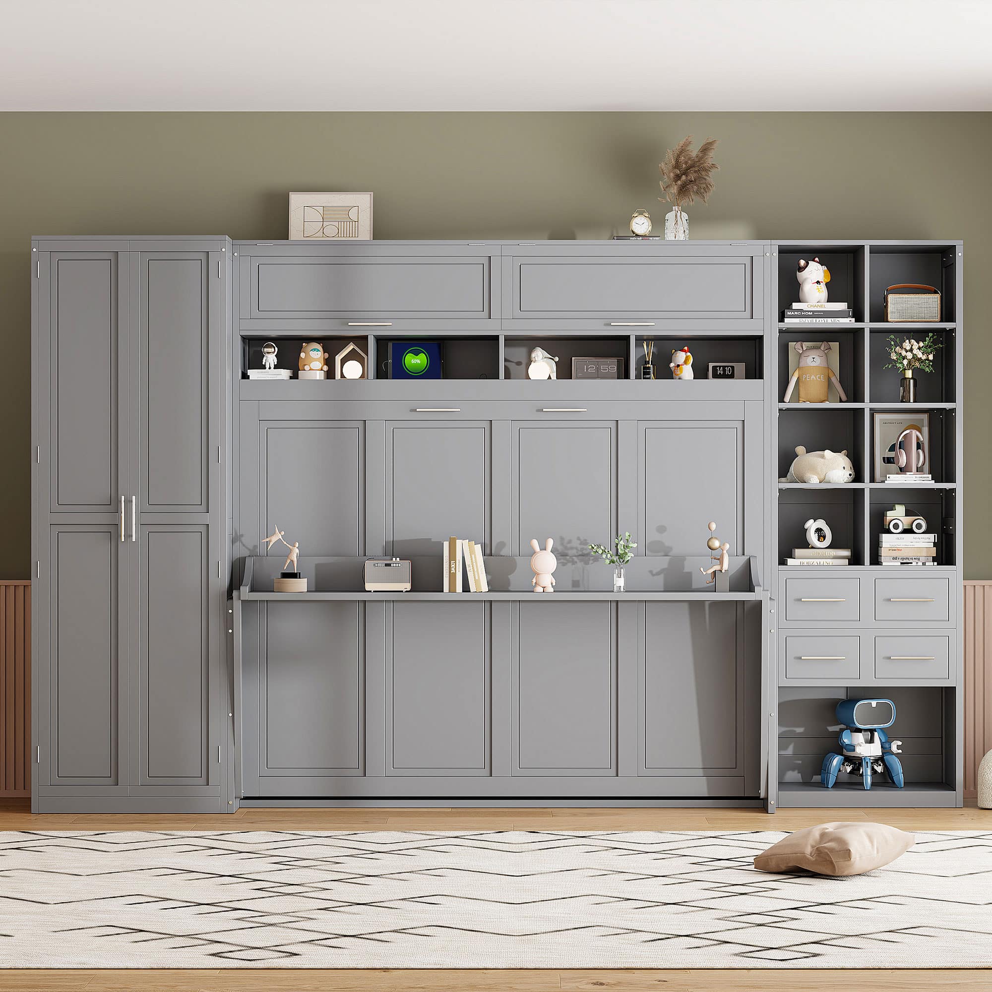 Photos - Bed A&D Tiramisubest - Queen Size Murphy  with Closet, Drawers and Shelves, Gray, MDF+LVL, 151"x65"x91", 459 lbs - Gray ZSC-07-03 