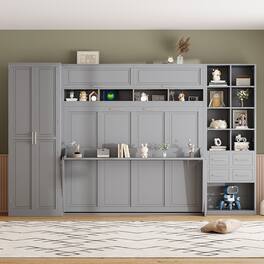Tiramisubest - Queen Size Murphy Bed with Closet, Drawers and Shelves, Gray, MDF+LVL, 151"x65"x91", 459 lbs - Gray