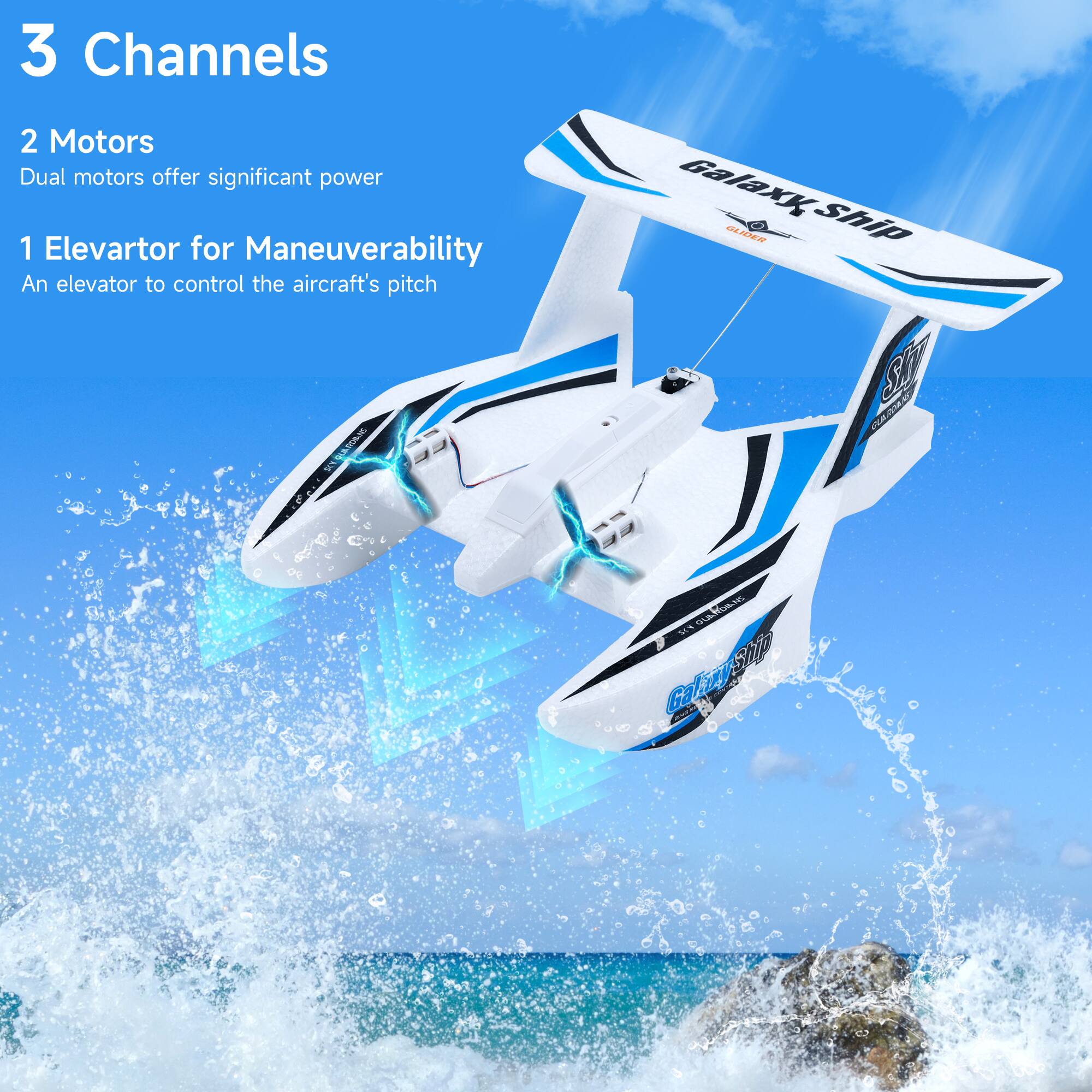 3 Channels

2 Motors
Dual motors offer significant power

1 Elevator for Maneuverability
An elevator to control the aircraft's pitch

Galaxy Ship