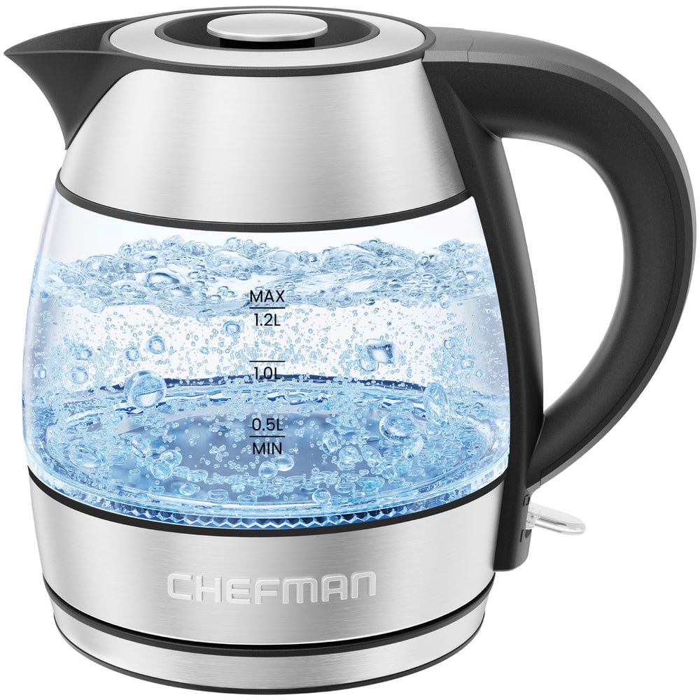 Chefman - 1.2L Electric Tea Kettle with LED Lights, Automatic Shut Off, Removable Lid, Boil-Dry Protection - Black