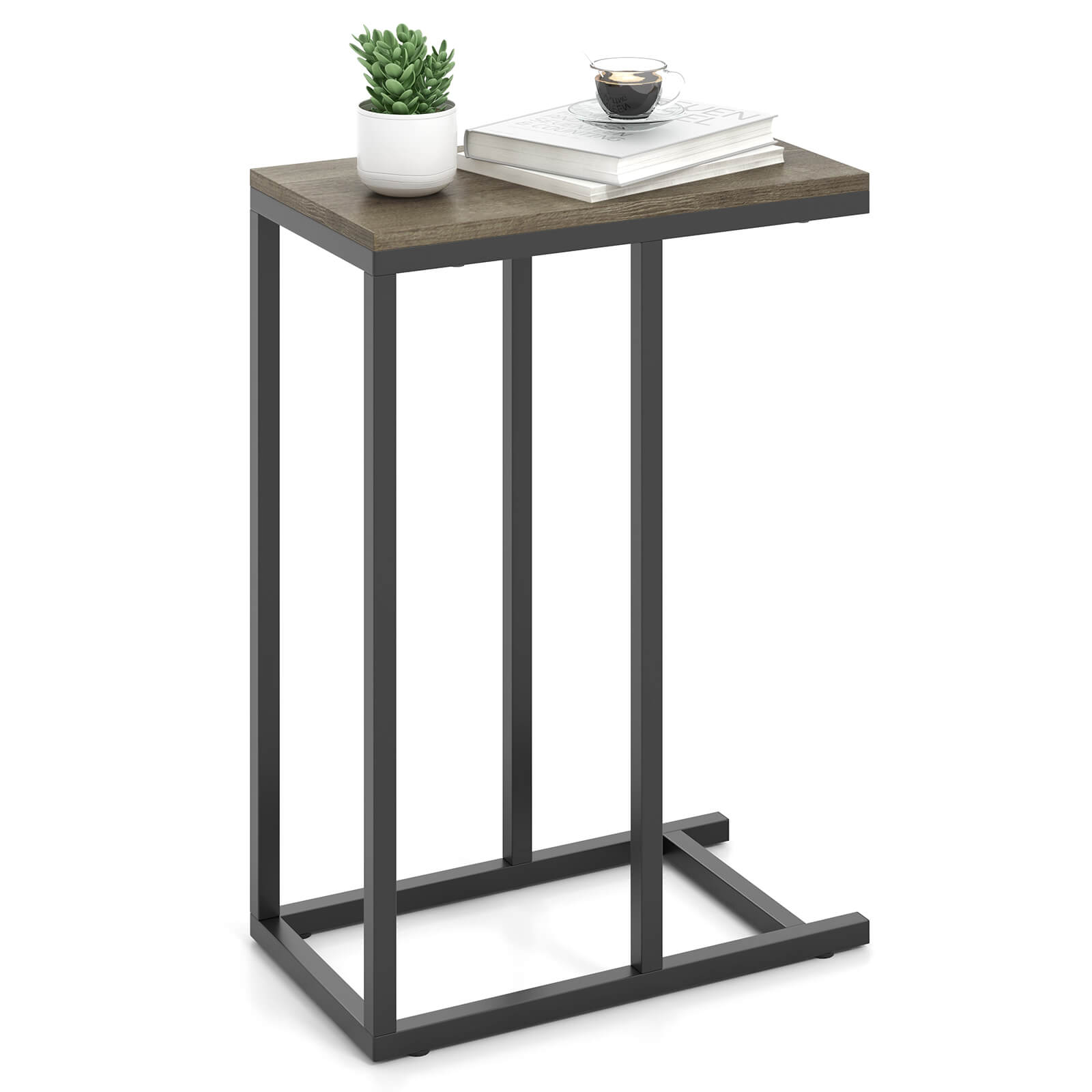 Costway - C-shaped Side Table Industrial Sofa Table with Heavy-duty Metal Frame - Gray