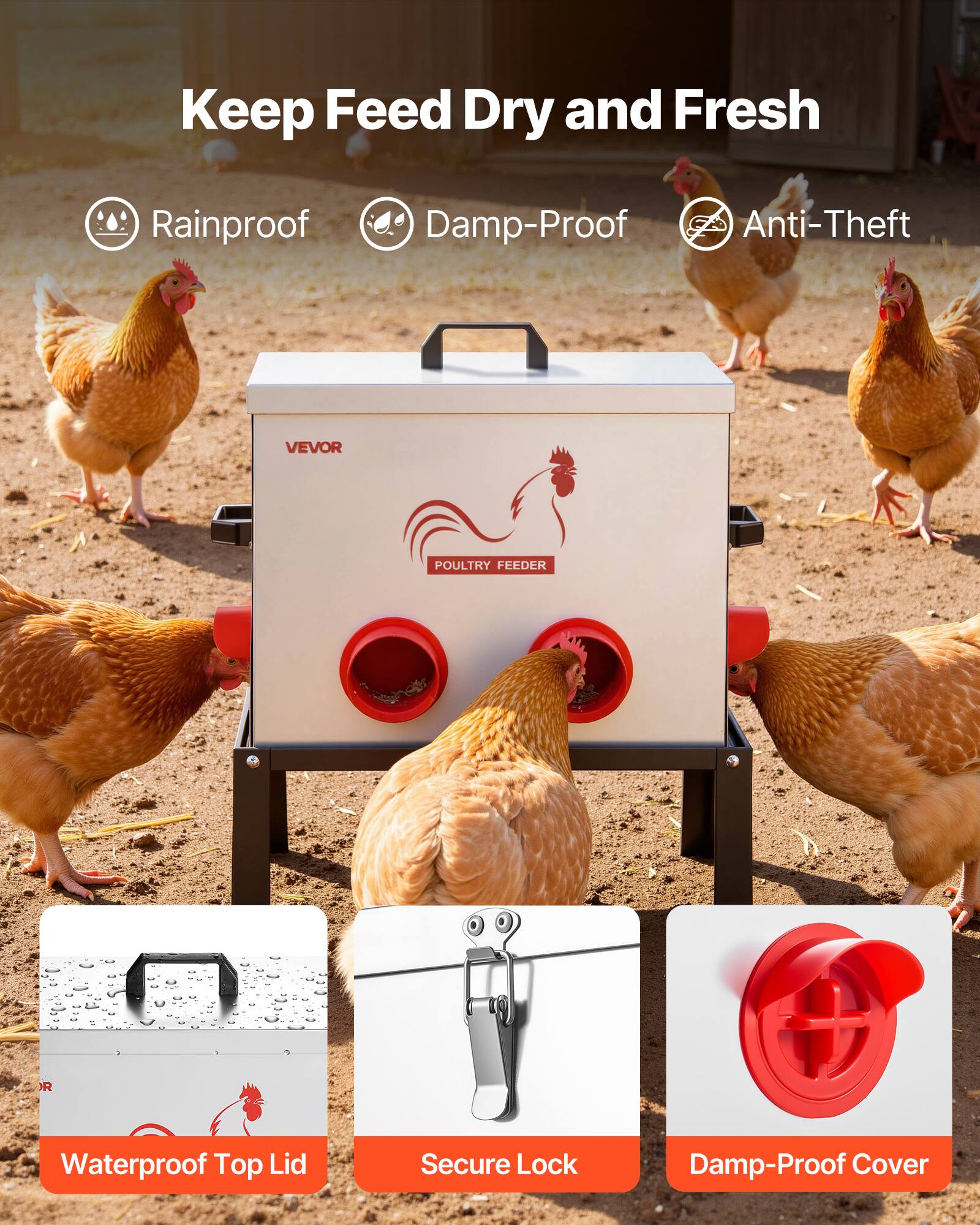 Keep Feed Dry and Fresh

- Rainproof
- Damp-Proof
- Anti-Theft

VEVOR POULTRY FEEDER

- Waterproof Top Lid
- Secure Lock
- Damp-Proof Cover