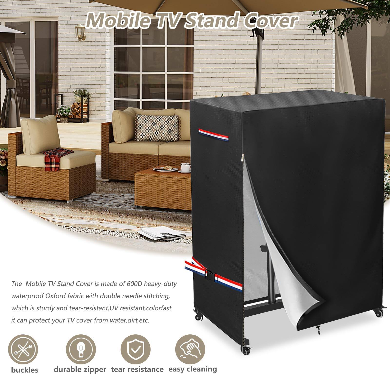 Mobile TV Stand Cover

The Mobile TV Stand Cover is made of 600D heavy-duty waterproof Oxford fabric with double needle stitching, which is sturdy and tear-resistant, UV resistant, colorfast. It can protect your TV cover from water, dirt, etc.

- buckles
- durable zipper
- tear resistance
- easy cleaning