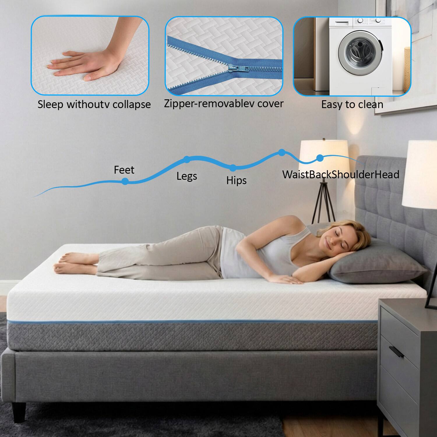 Sleep without collapse  
Zipper-removable cover  
Easy to clean  

Feet  
Legs  
Hips  
Waist  
Back  
Shoulder  
Head
