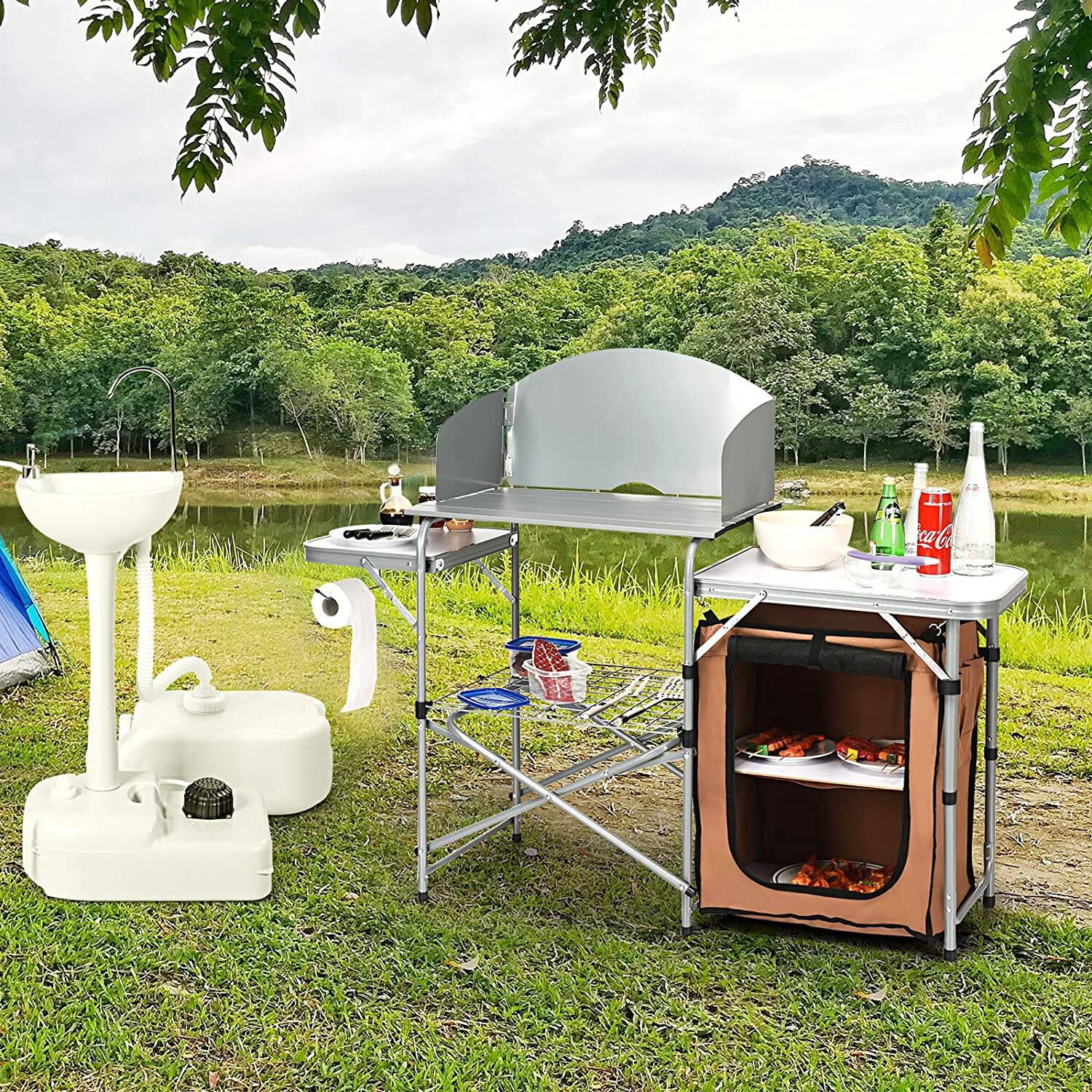 Alt View 2. Gymax - Gymax Outdoor Kitchen Foldable Grilling Stand Portable Camping Grill Table BBQ Table - Light gray.