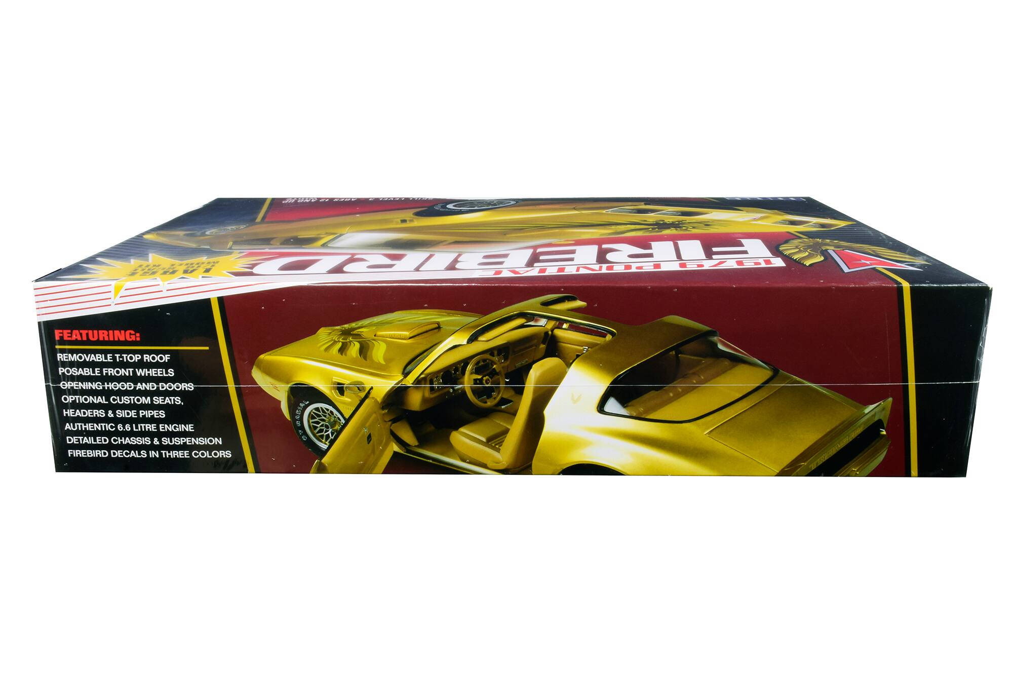 JA - SICE adia 215 1 1.000 FIREBIRD PONTIAL 6L  
FEATURING:  
- REMOVABLE T-TOP ROOF  
- POSABLE FRONT WHEELS  
- OPENING HOOD AND DOORS  
- OPTIONAL CUSTOM SEATS, HEADERS & SIDE PIPES  
- AUTHENTIC 6.6 LITRE ENGINE  
- DETAILED CHASSIS & SUSPENSION  
- FIREBIRD DECALS IN THREE COLORS  

ARBIAL 1