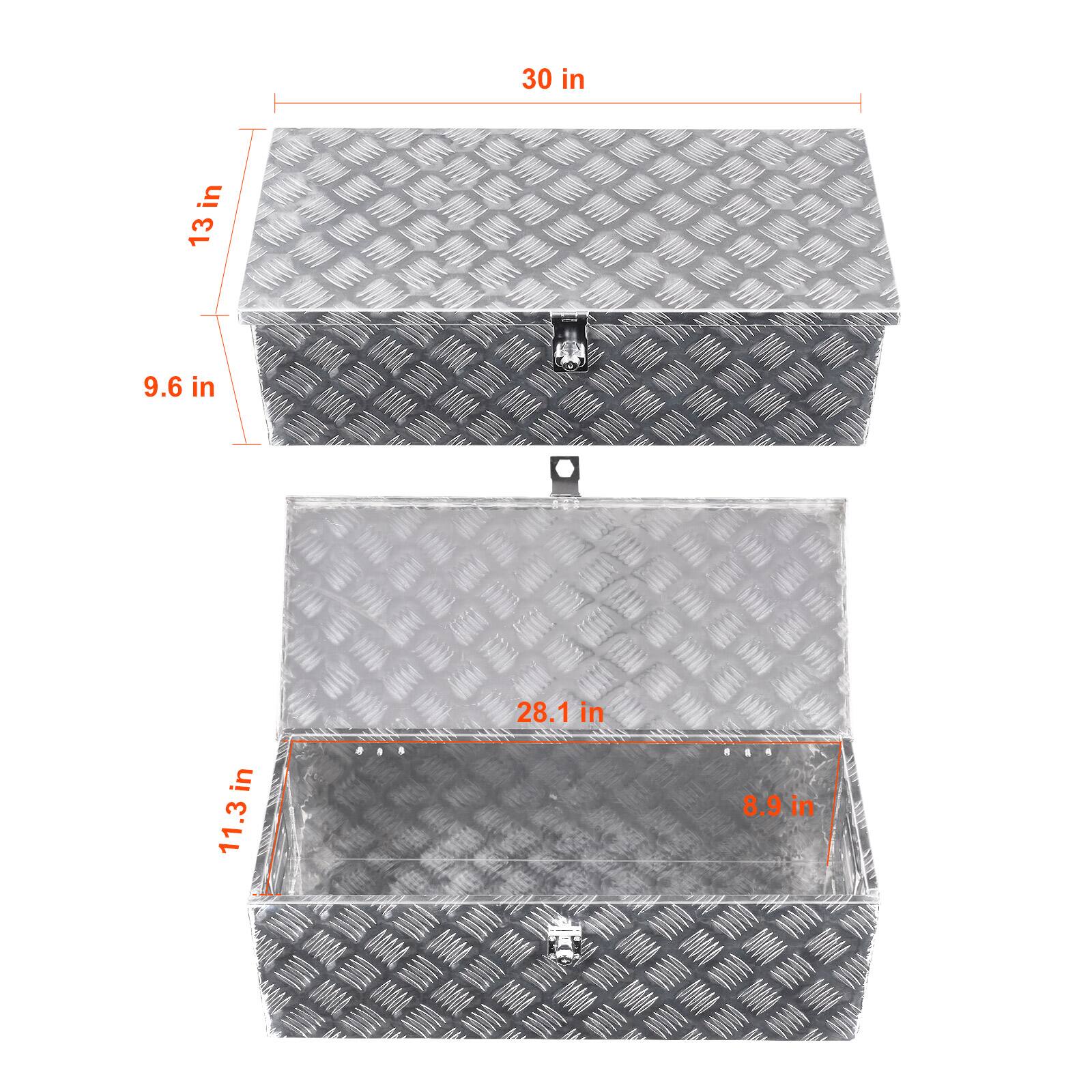 - Top box:
  - Length: 30 in
  - Width: 13 in
  - Height: 9.6 in

- Bottom box:
  - Length: 28.1 in
  - Width: 11.3 in
  - Height: 8.9 in