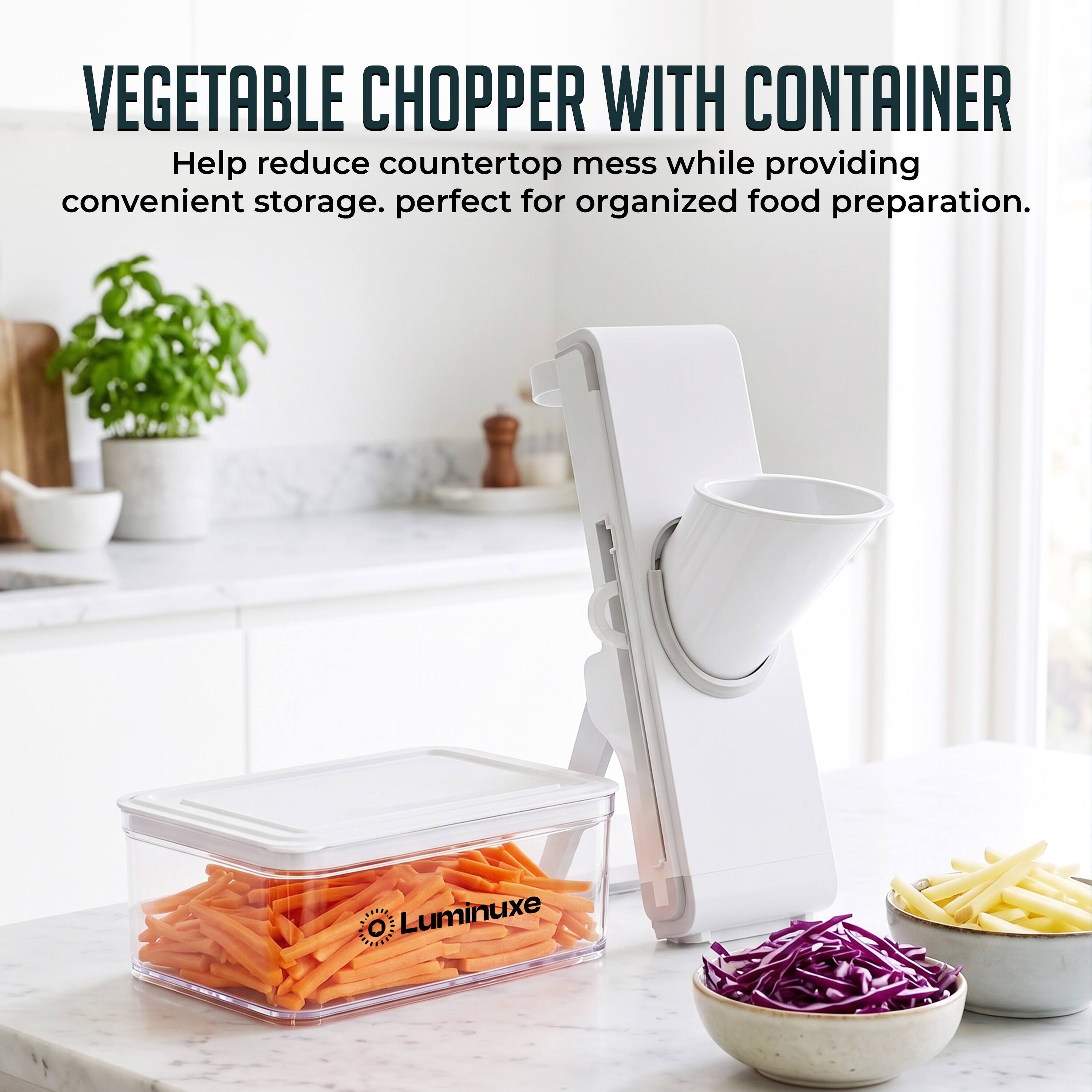VEGETABLE CHOPPER WITH CONTAINER  
Help reduce countertop mess while providing convenient storage. perfect for organized food preparation.  
MARRSEE O Luminuxe