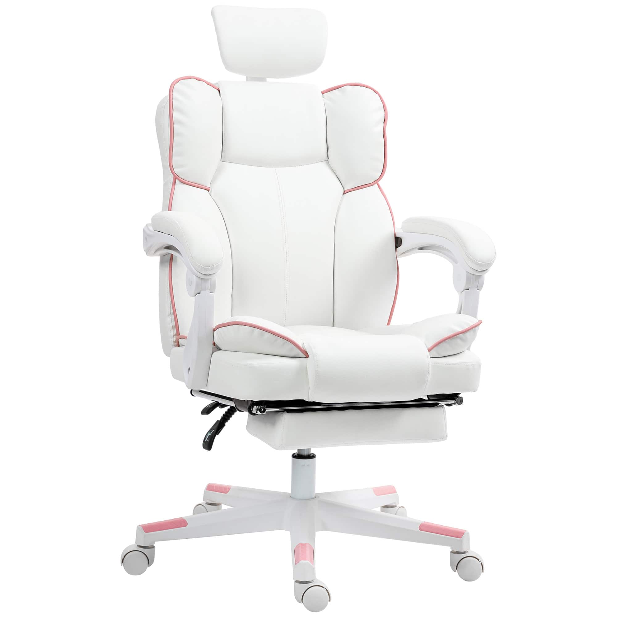 Front. Homcom - Executive Office Chair, Overstuffed PU Leather Reclining Computer Chair with Foot Rest, Headrest - White.