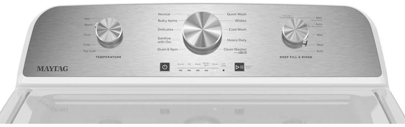 MAYTAG

TEMPERATURE

Hot
Warm
Cold

Normal
Bulky Items
Delicates
Sanitize

Quick Wash
Whites
Cold Wash

DEEP FILL & RINSE

with Out
Drain & Spin

Heavy Duty
Clean Washer

Auto
Med