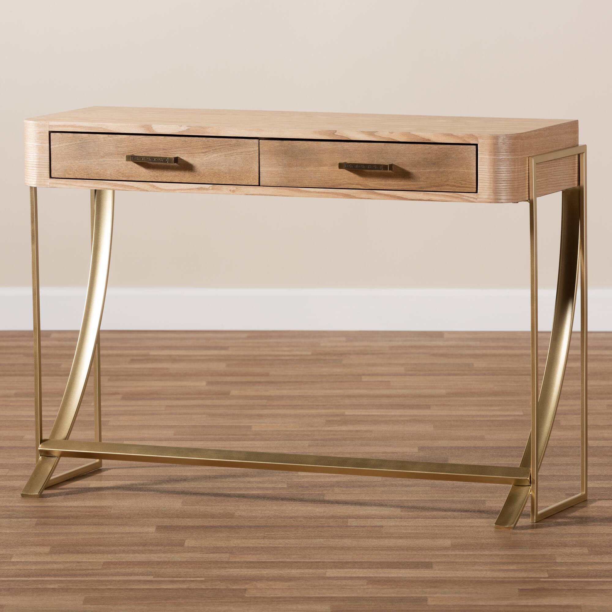 Alt View 4. Baxton Studio - Lafoy Modern and Contemporary Finished Wood and Finished 2-Drawer Console Table - Natural Brown/Gold.