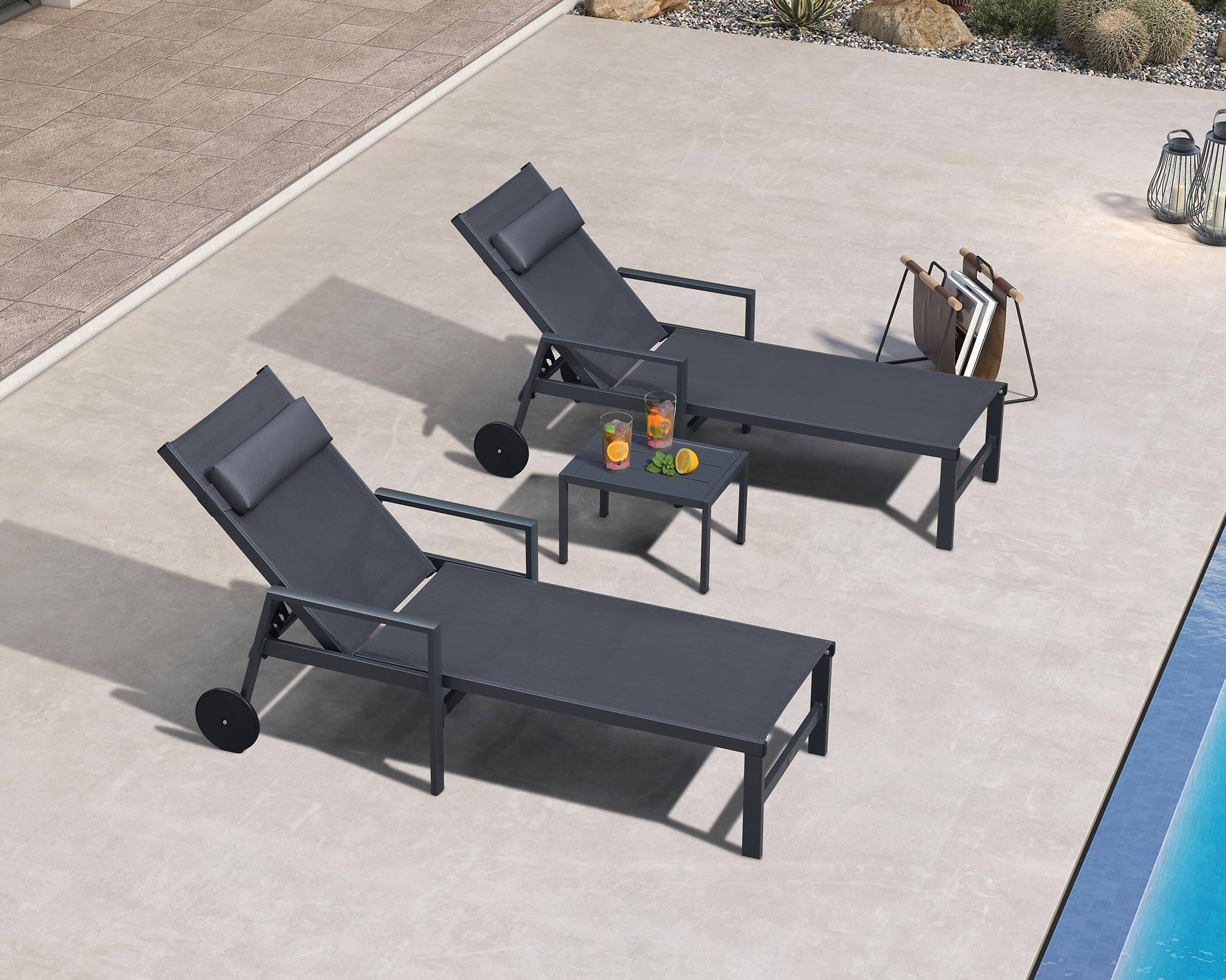 Alt View 1. PURPLE LEAF - 3-Pieces Aluminum Frame with Armrest Side Table and Wheels for Outside Sunbathing Recliner Including Pillows, Grey - Grey.