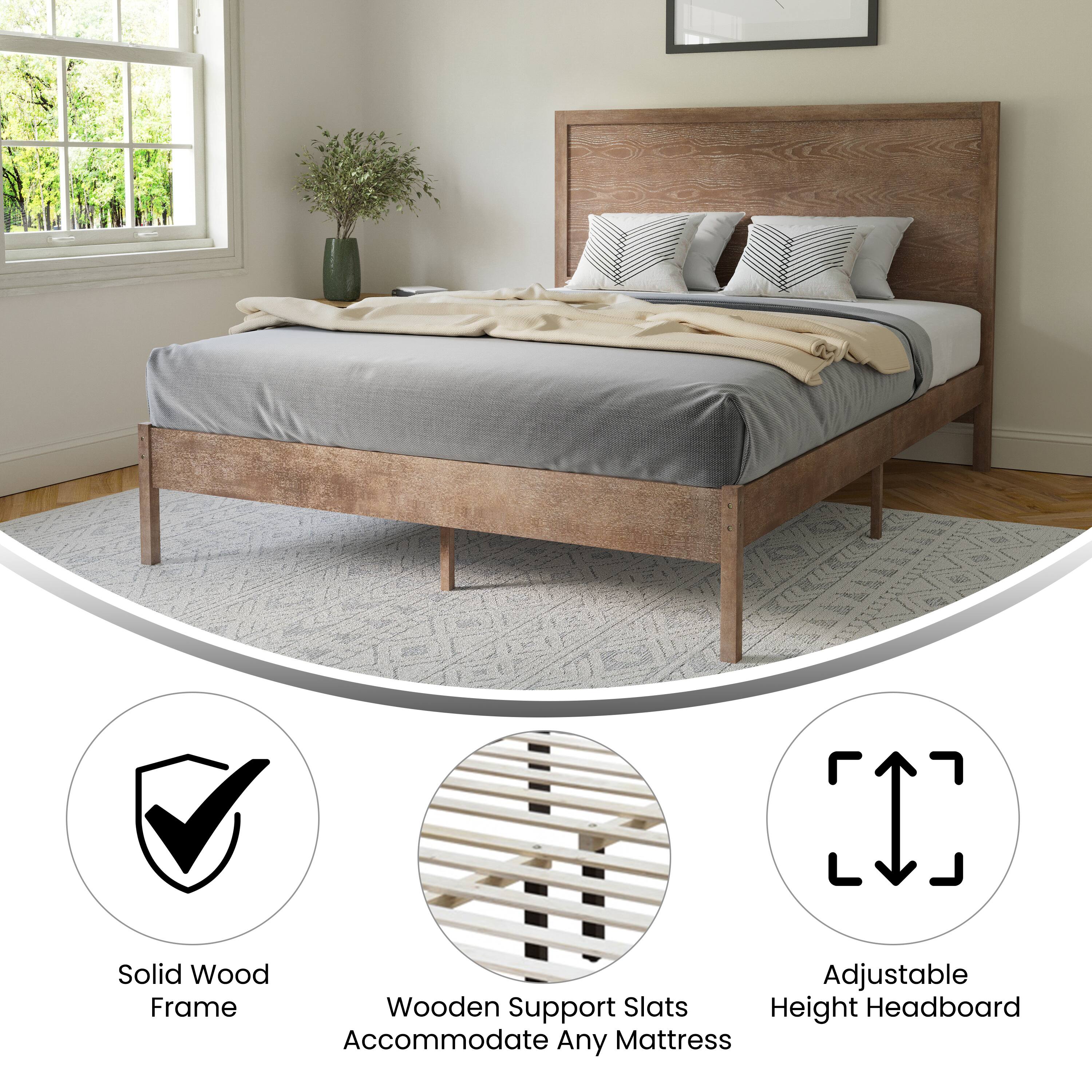 Solid Wood Adjustable Frame Wooden Support Slats Accommodate Any Mattress Height Headboard