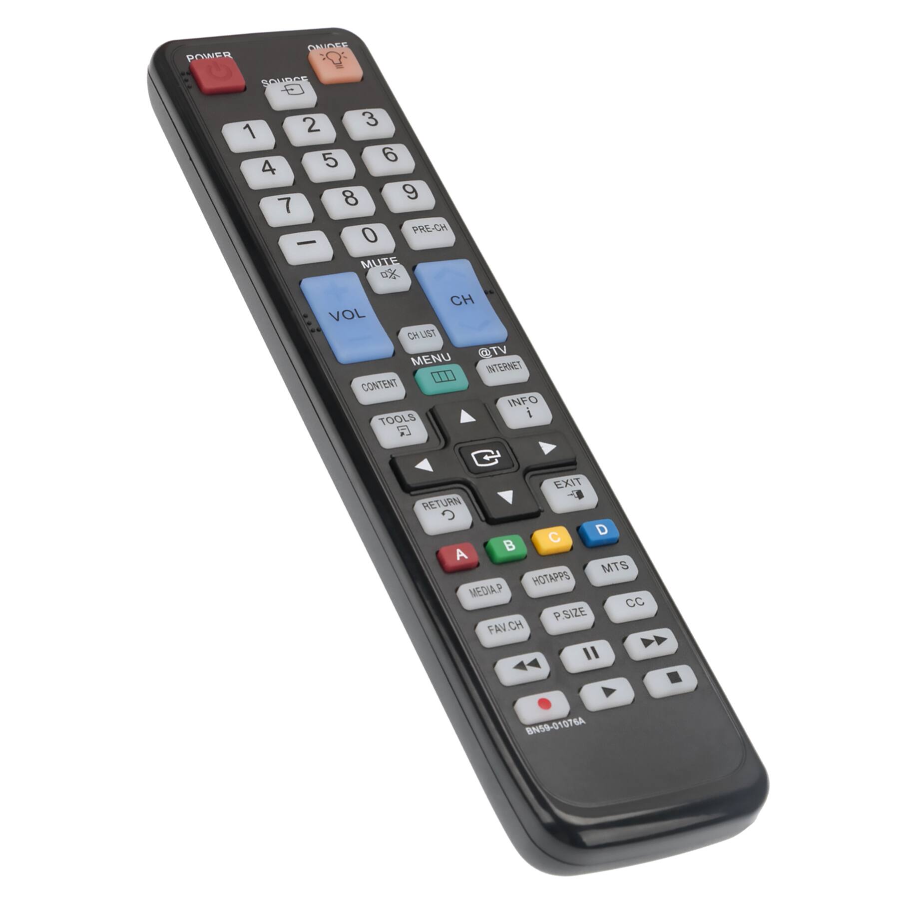 POWER  
SOURCE  
1 2 3 4 5 6 7 8 9 0  
PRE-CH  
MUTE  
CH VOL  
CH LIST MENU  
@TV INTERNET  
CONTENT INFO  
TOOLS  
EXIT RETURN  
C D  
A MTS HOTAPPS  
MEDIA P  
CC P SIZE FAV CH  
BN59-01076A