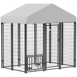 Pawhut - 5.9'x4'x6' Outdoor Dog Kennel, Welded Wire Run, 360° Rotating 4 Level Bowls, Waterproof Cover, S&M Dogs