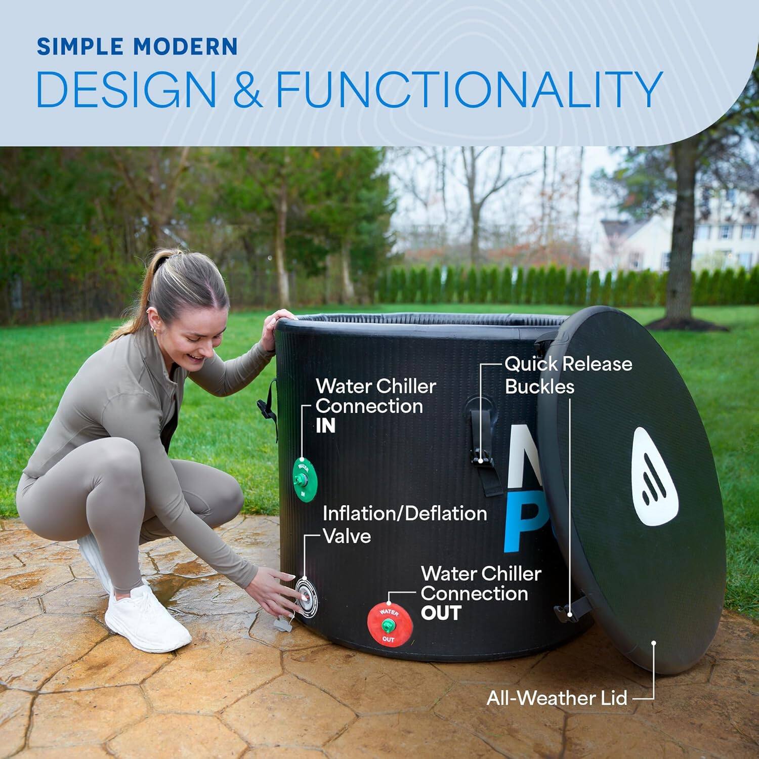 SIMPLE MODERN DESIGN & FUNCTIONALITY

- Quick Release Buckles
- Water Chiller Connection IN
- Inflation/Deflation Valve
- Water Chiller Connection OUT
- All-Weather Lid