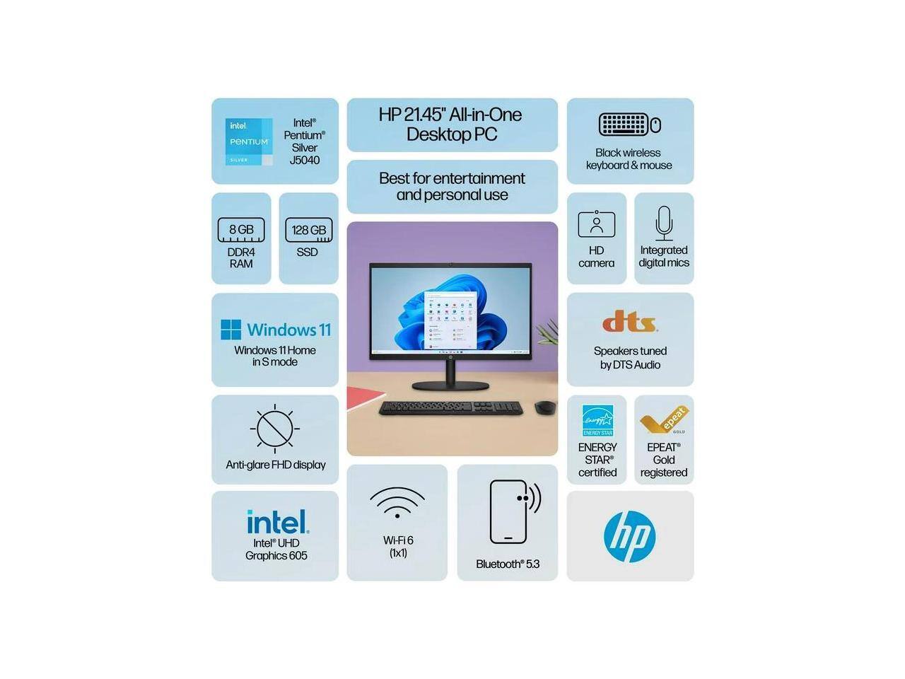 Intel Pentium Silver J5040  
HP 21.45" All-in-One Desktop PC  
Best for entertainment and personal use  
Black wireless keyboard & mouse  
8 GB DDR4 RAM  
128 GB SSD  
HD camera  
Integrated digital mics  
Windows 11 Home in S mode  
Speakers tuned by DTS Audio  
Anti-glare FHD display  
Intel UHD Graphics 605  
Wi-Fi 6 (1x1)  
Bluetooth 5.3  
ENERGY STAR® Gold certified  
EPEAT® registered