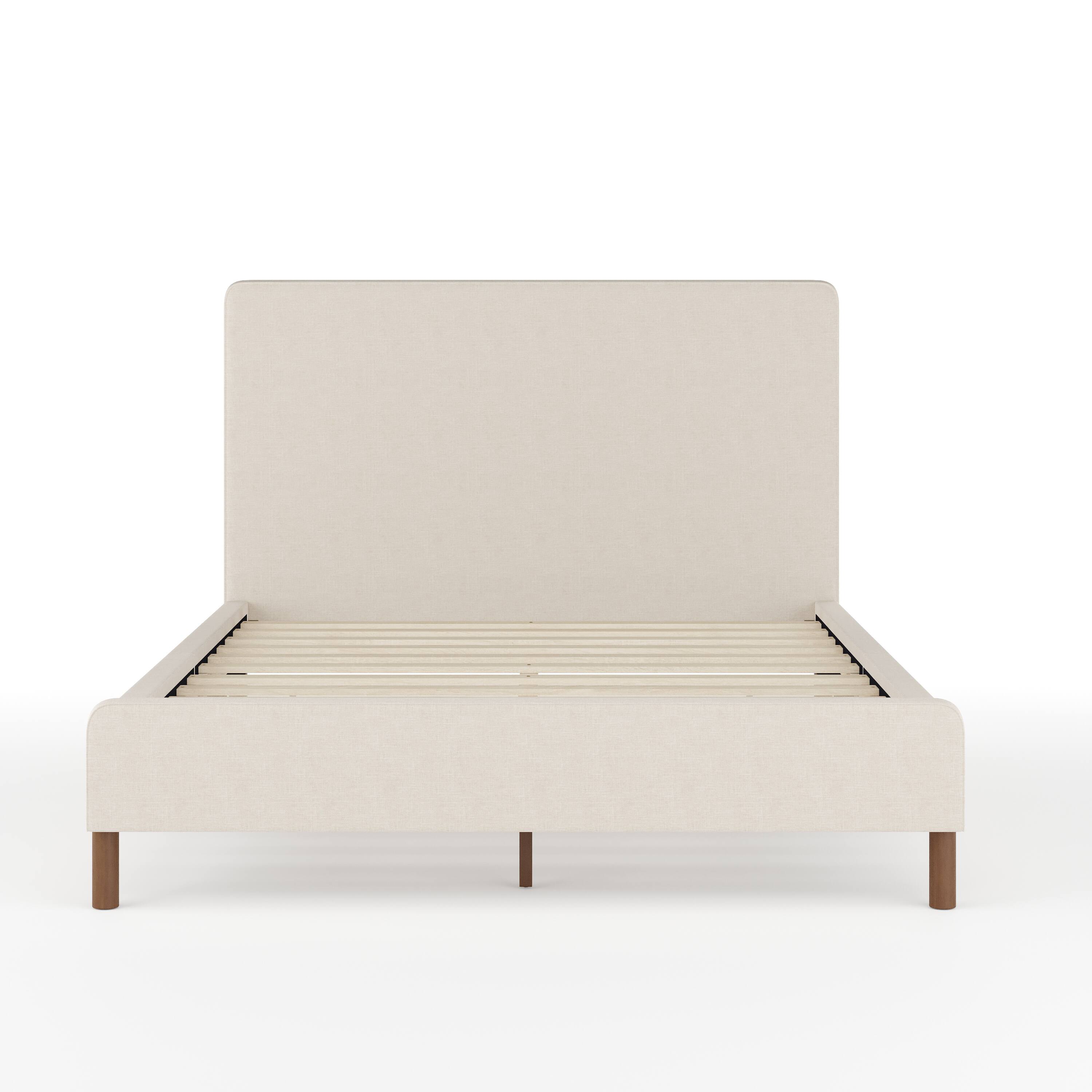 Alt View 18. Martha Stewart - Britta Faux Linen Upholstered Full Size Platform Bed with Piped Headboard - Beige Fabric/Walnut Legs.
