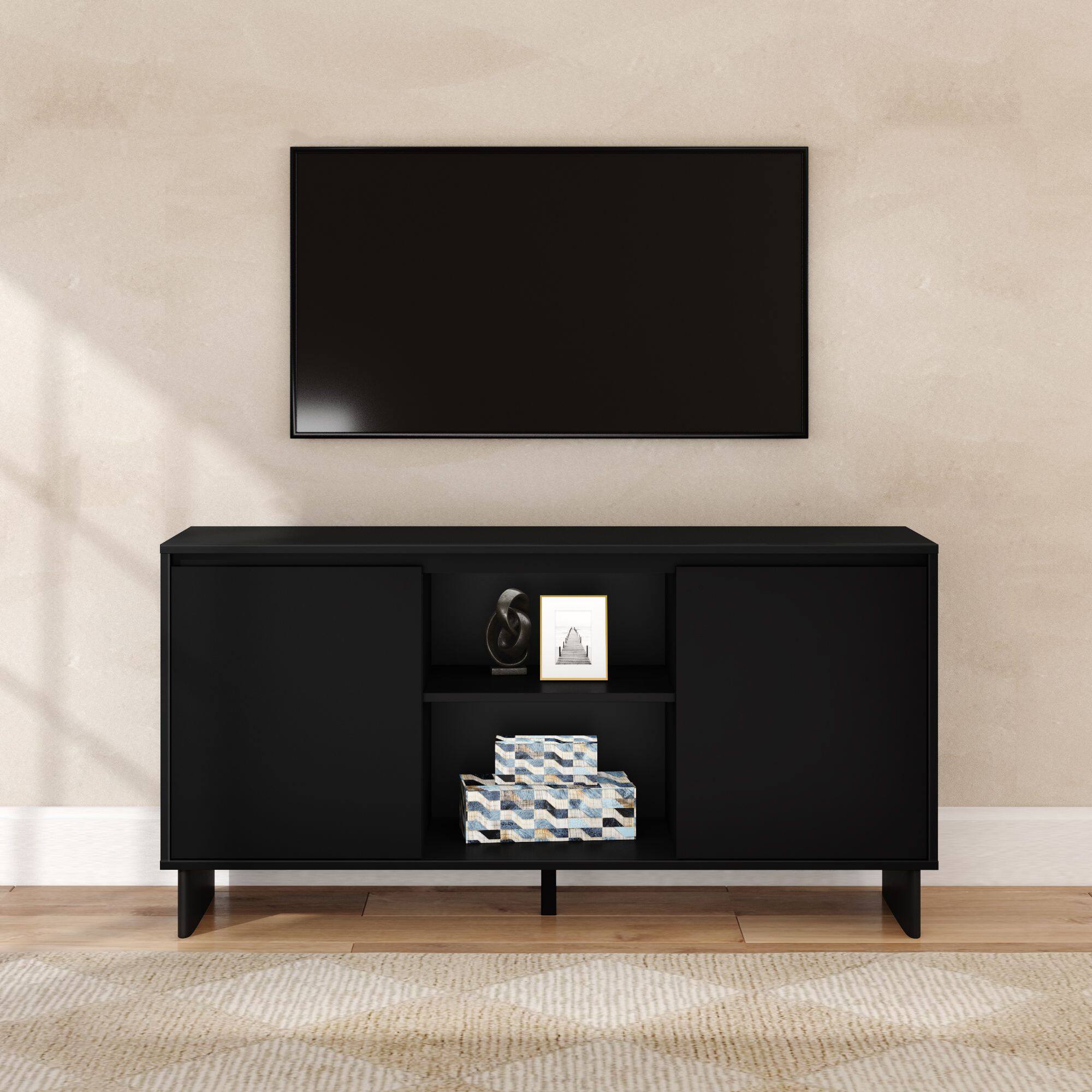Alt View 1. Plank+Beam - Modern TV Stand/Sideboard, 2 Door w/ Middle Shelf  (1499 x 406 x 762mm / 59 x 16 x 30in), Black - Black.