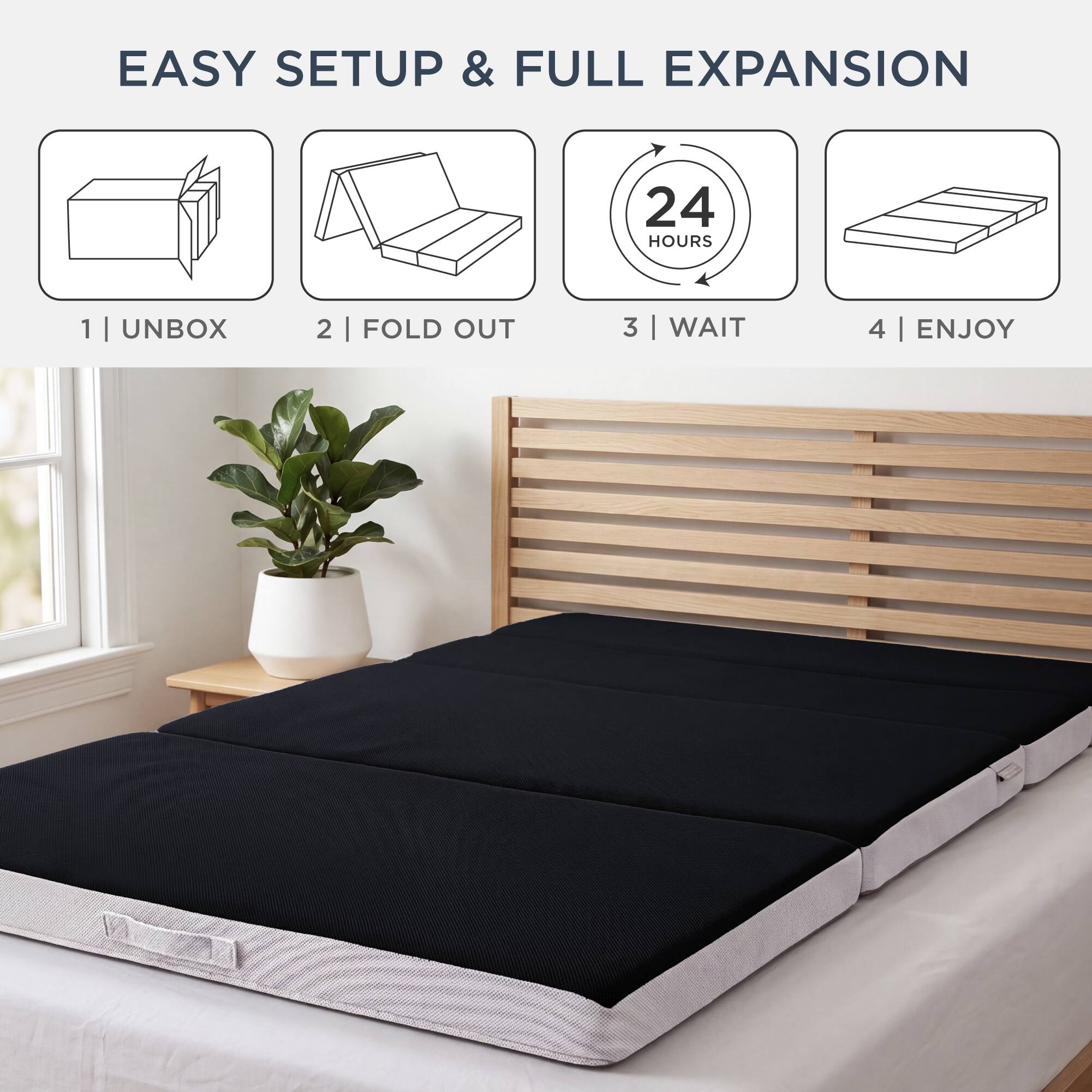 EASY SETUP & FULL EXPANSION

1 | UNBOX
2 | FOLD OUT
3 | WAIT
4 | ENJOY