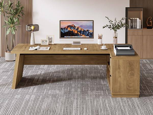 Alt View 3. Tribesigns - 78" L Shaped Executive Desk with Storage, Home Office - Oak Brown.