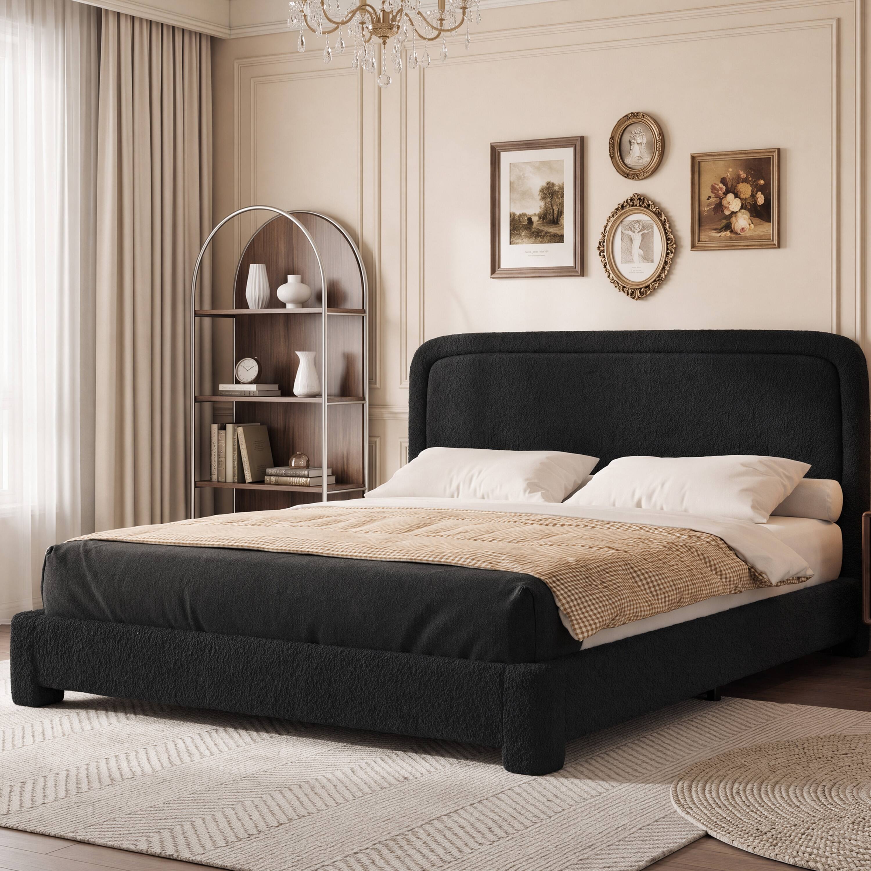 Angle. Vipbear - F/Q/K Upholstered Bed Frame with Adjustable Headboard, Curved Sherpa Platform Bed Frame, No Box Spring Required - Black.